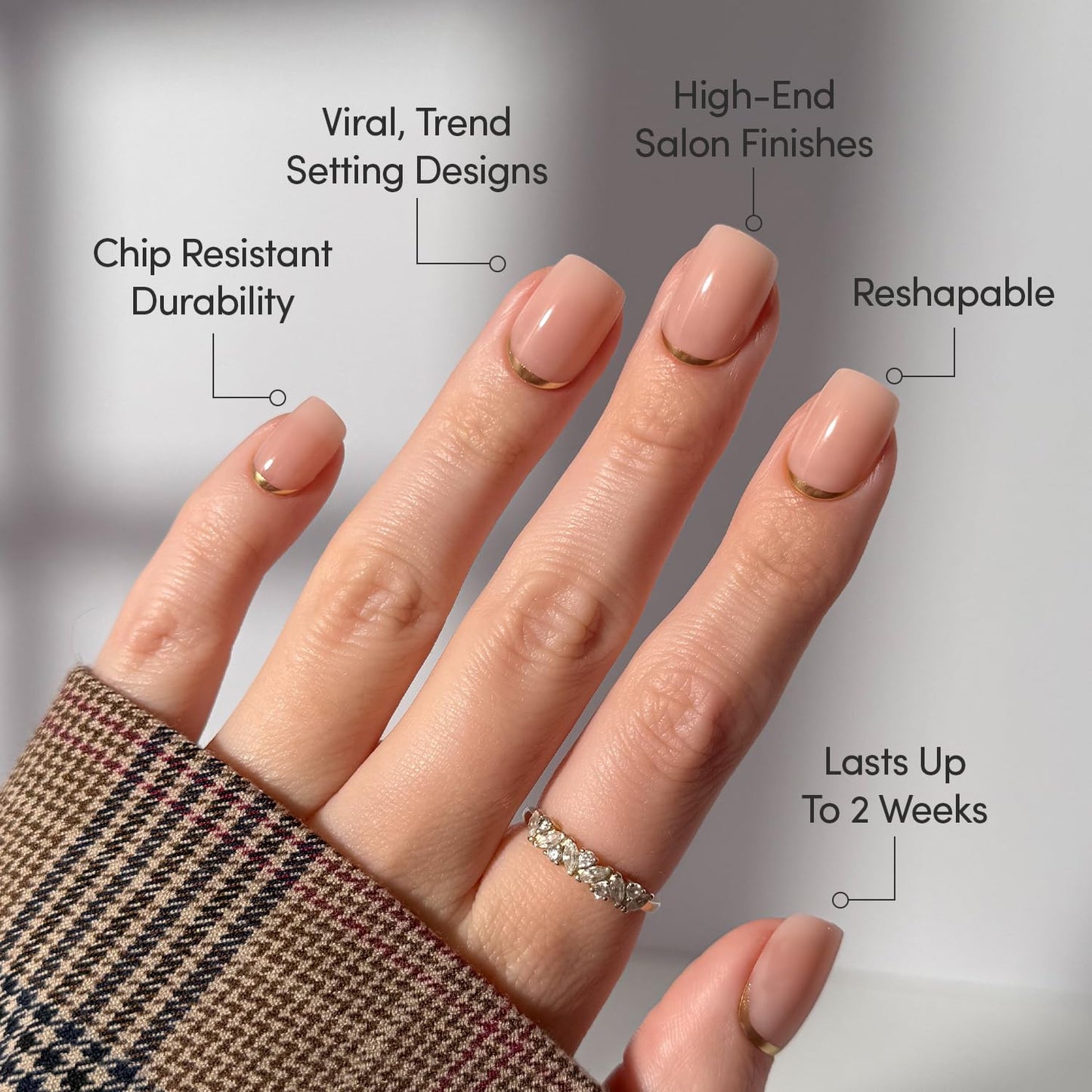 Glamnetic Press On Nails - Short Squoval Fake Nails, Nude Neutral Nails with Gold Reverse French Tip, Goal Setter | 15 Sizes - 30 Nail Kit with Glue | Gift for Mom