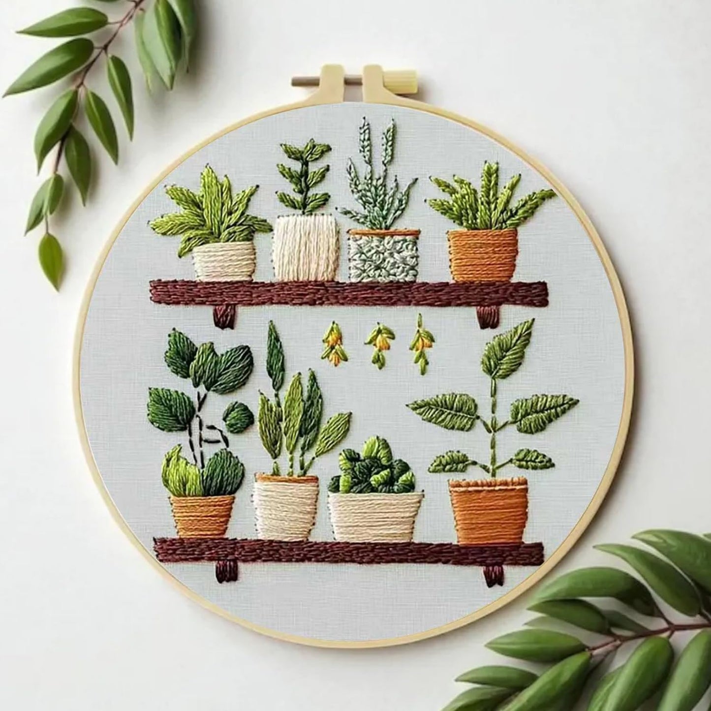 JINJUMEI Embroidery Kit for Beginners, Full Range Embroidery Kit for Adult, Green Plant Pattern Embroidery Kit for Beginners Include Embroidery Cloth Hoops Threads for Embroidery Beginners