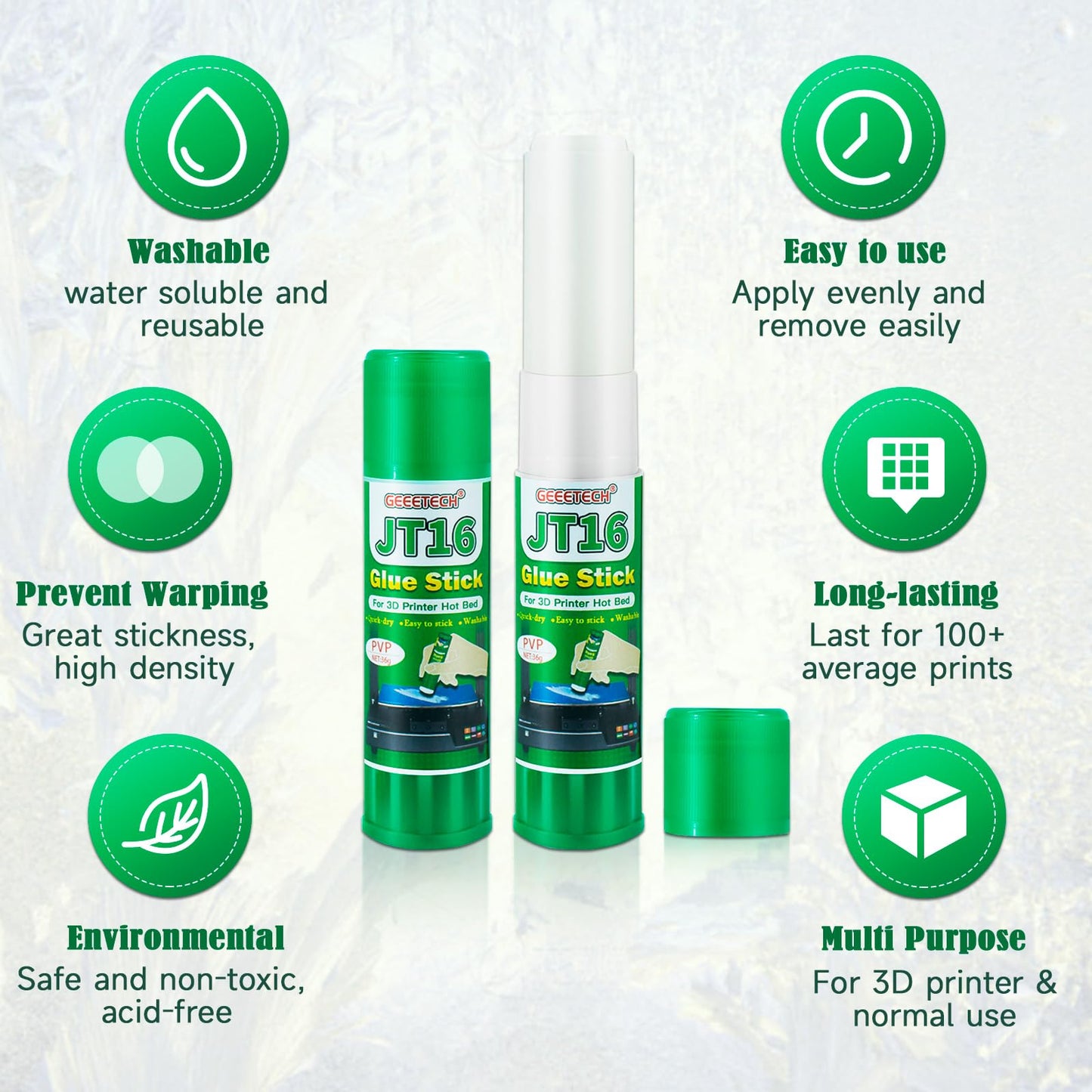 3D Printer Glue Sticks, 36 Grams Each PVP Solid Glue Sticks for Hot Bed Plate, Washable, Non-Toxic, Reduce Warping for PLA, ABS, PETG, Hips, TPU Filament on PEI, Glass, Aluminum, Buildtak Board, 6Pcs