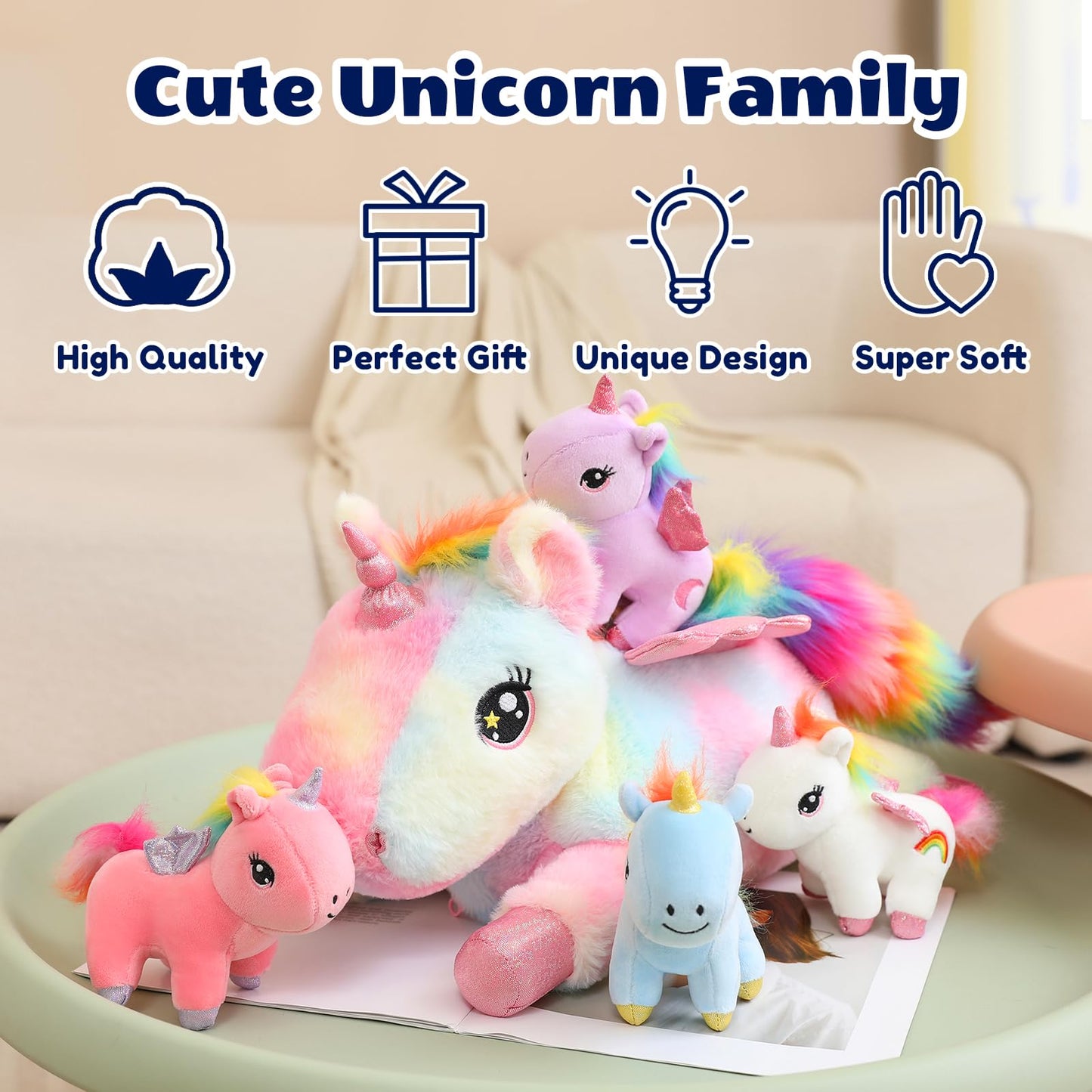 SQEQE Unicorn Mommy Stuffed Animal with 4 Baby Unicorns, Super Soft Cartoon Hugging Toy Gifts for Girls Boys Birthday