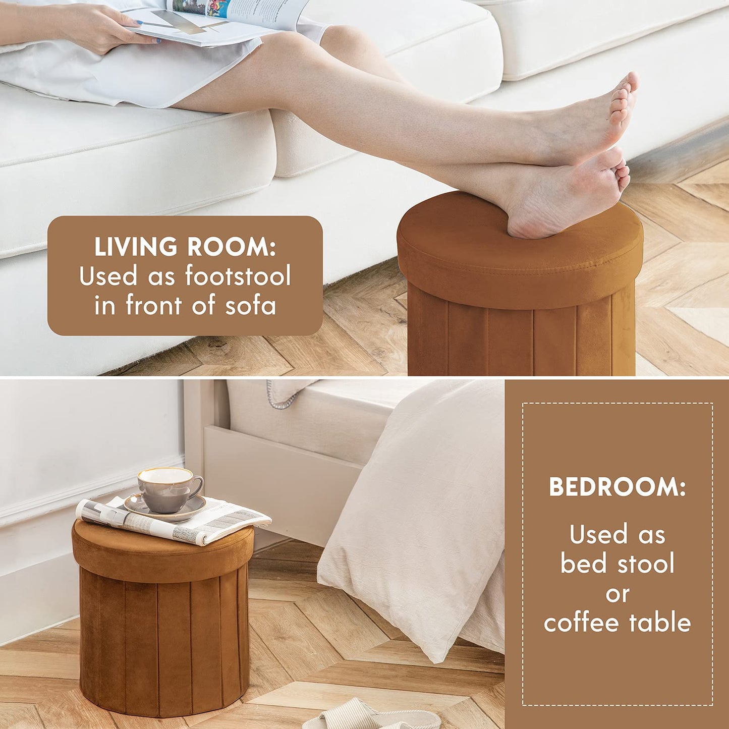 Phantoscope Storage Ottoman Round15 Inch, Velvet Folding Storage Boxes Footrest Foot Ottoman Toy Box, Padded Seat for Dorm Living Room Bedroom, Support 220lbs Brown