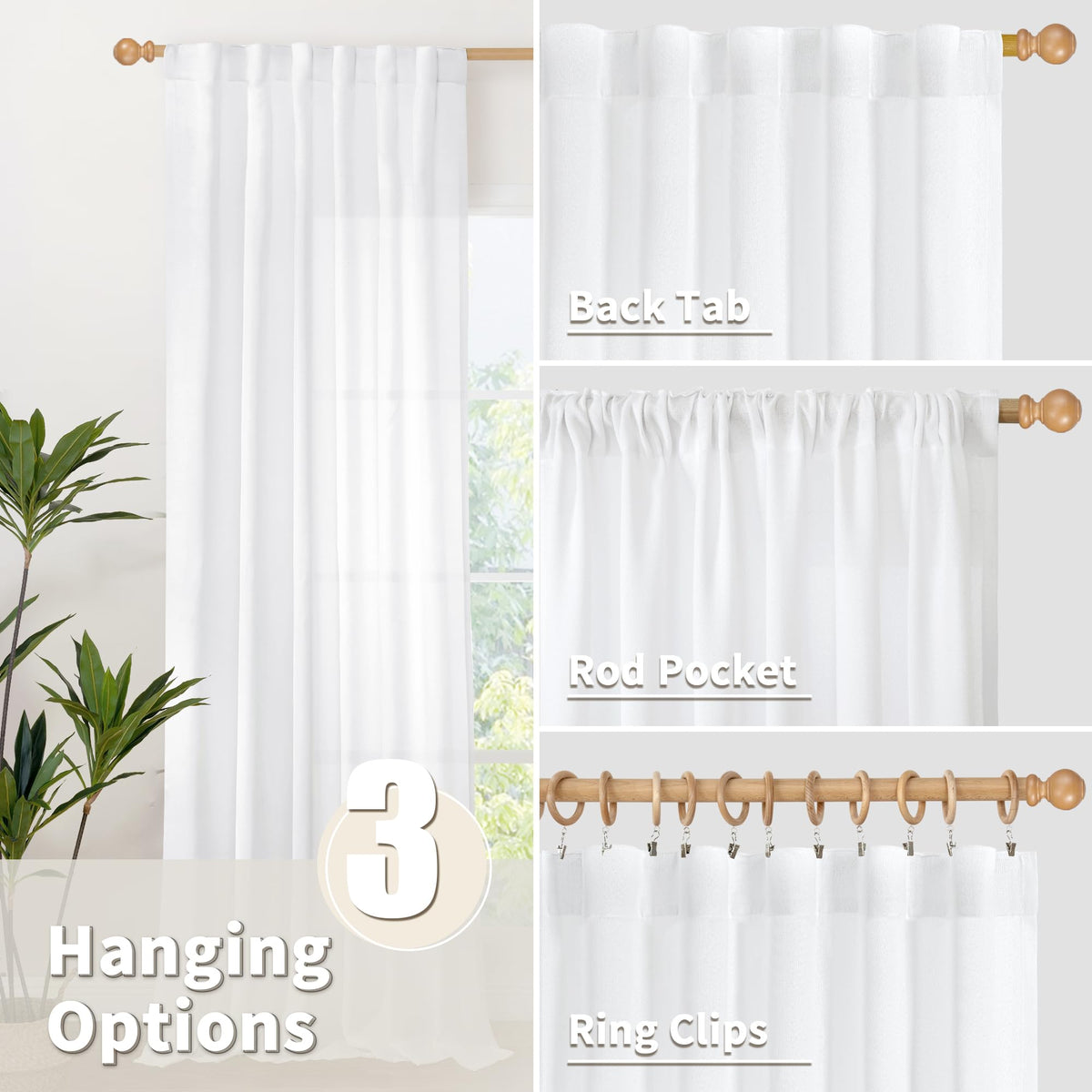 White Linen Semi Sheer Curtains 95 Inches Long 2 Panels Set