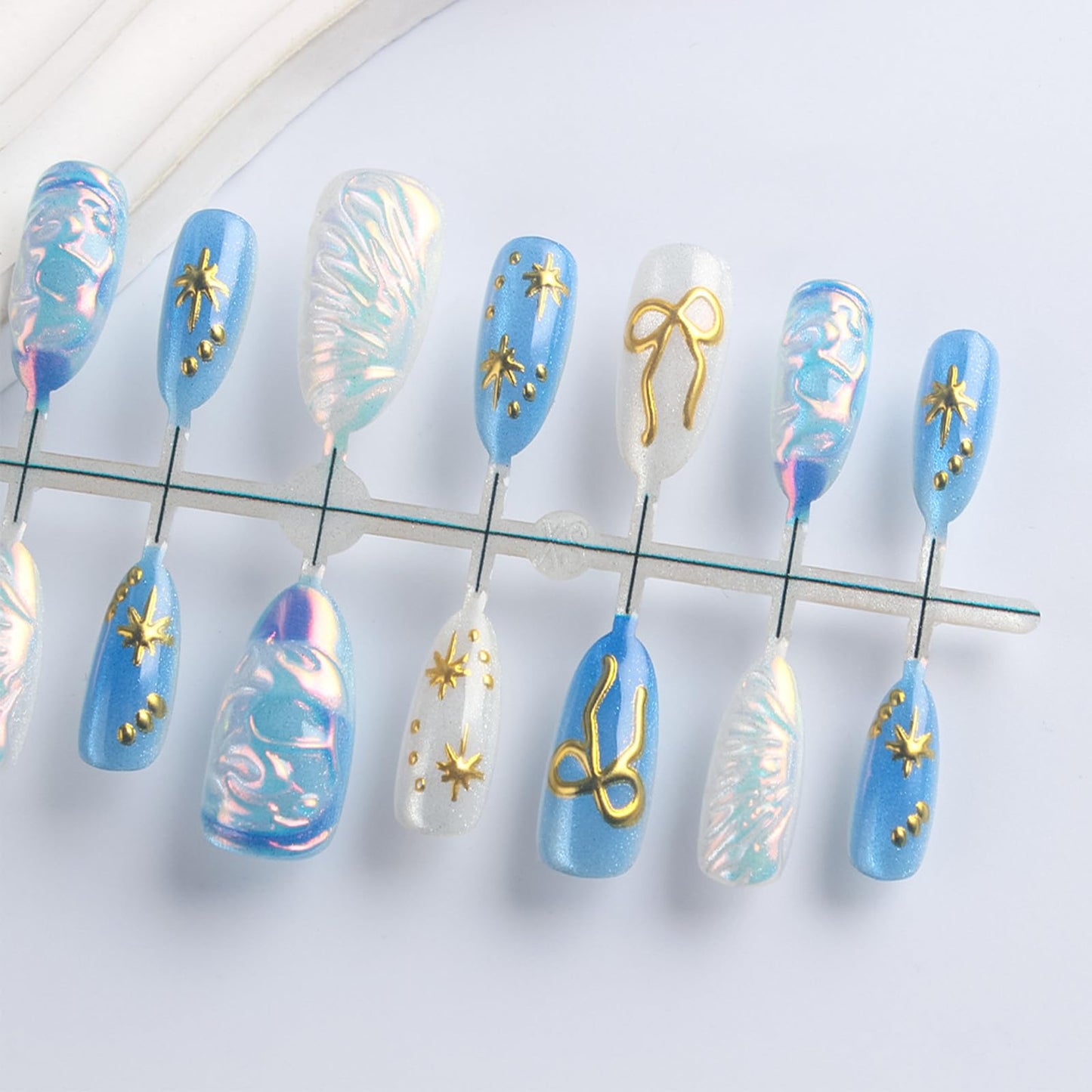 3D Bow Tie Press on Nails 30 Pcs Stars Acrylic Fake Nail Glossy Blue Glitter Stellar River Stick on Fingernails Valentines Almond Medium False Nails Curve Gel Glue on Nail for Women Valentine's Gift
