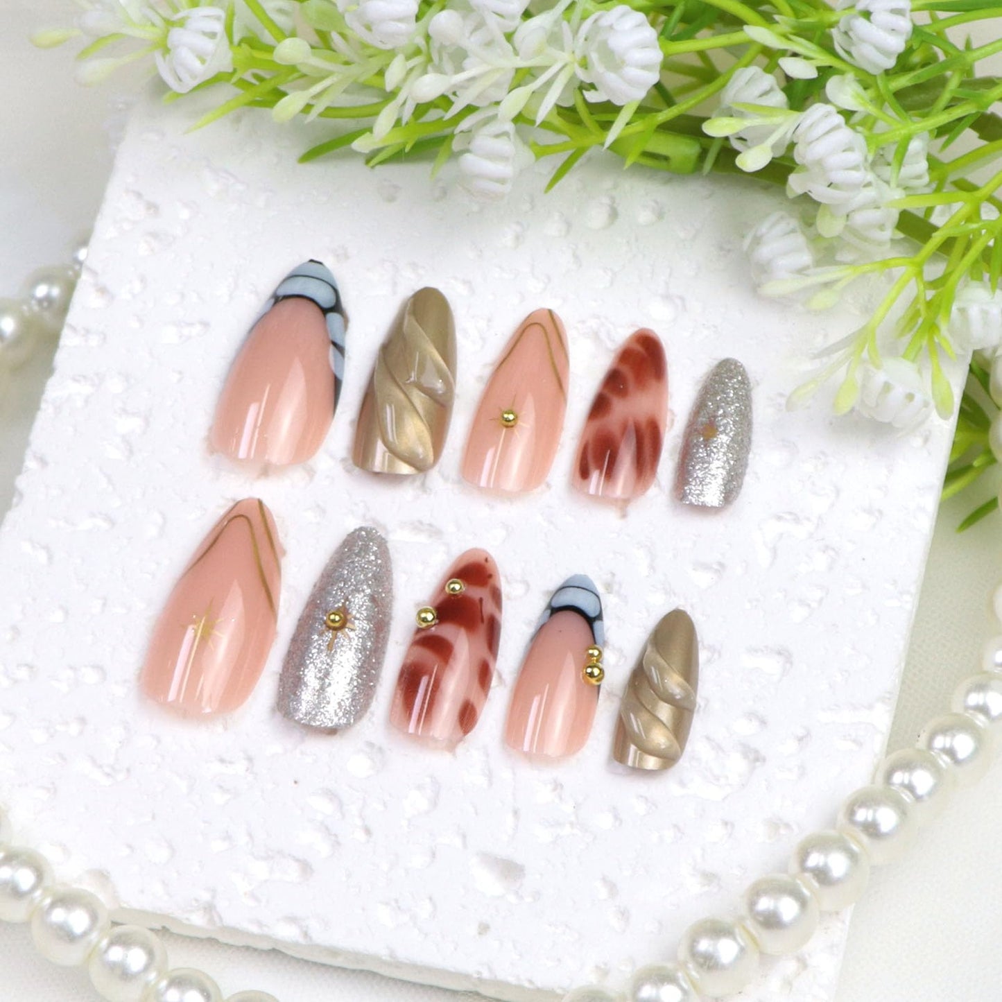 Medium Press on Nails Almond Fake Nails French Tip with 3D Water Ripples Pearls Stars Lines Irregular Pattern Designs Silver Glitter Sequins Nails Press ons Nude Stick on Nails for Women 24Pcs