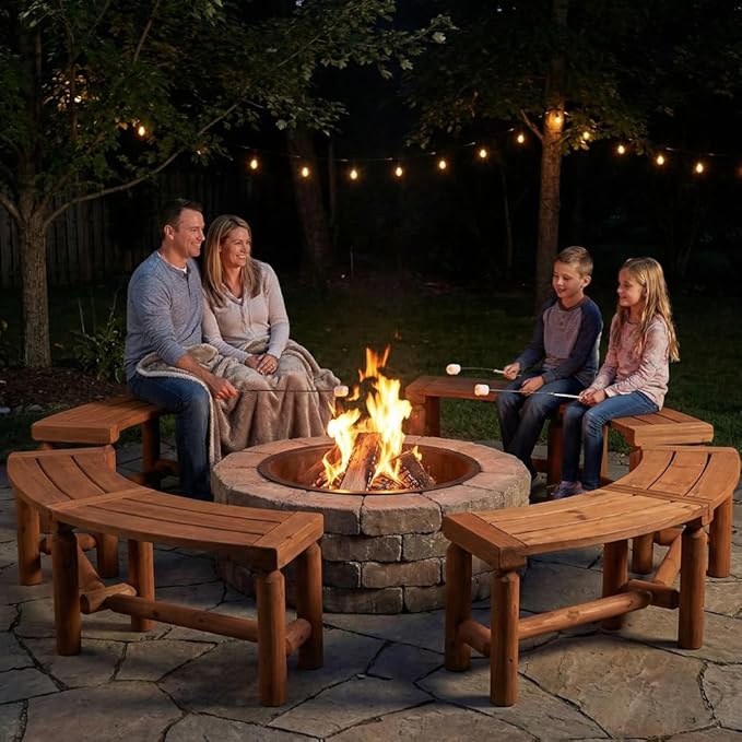 Outdoor Wooden Curved Backless Porch Bench Rustic Style Cedar/Fir Wood Log Fire Pit Bench for Patio Garden Deck and Backyard, 40"-54.7" W×13" D×16.5" H, Brown
