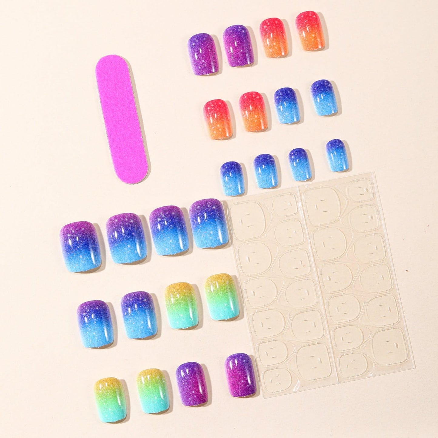 Rainbow Press on Nails Short Square Fake Nails Gradient False Nails with Designs Spring Summer Acrylic Nails Full Cover Glossy Stick on Nail Artificial Glue on Nails for Women Holiday Manicure 24Pcs