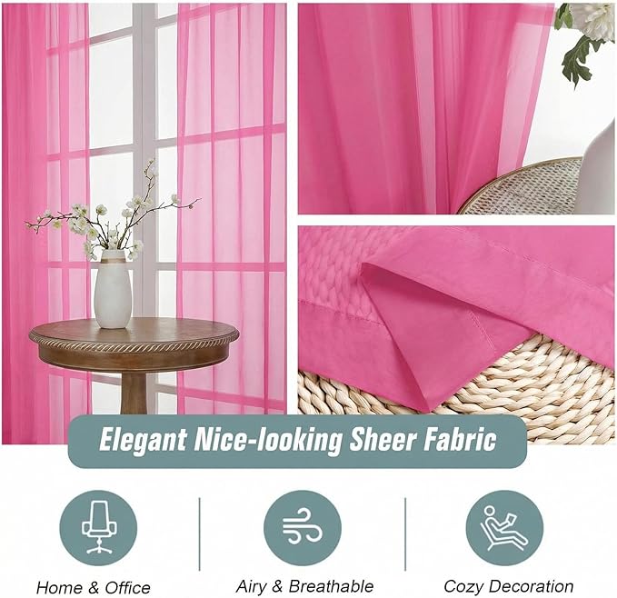 Sheer Curtains 84 Inches Long 2 Panels, Elegant Airy Transparent Light Filtering Window Curtains, Window Drapes for Living Room Bedroom, Top Dual Rod Pocket Design, Hot Pink, 2x42Wx84L Inches
