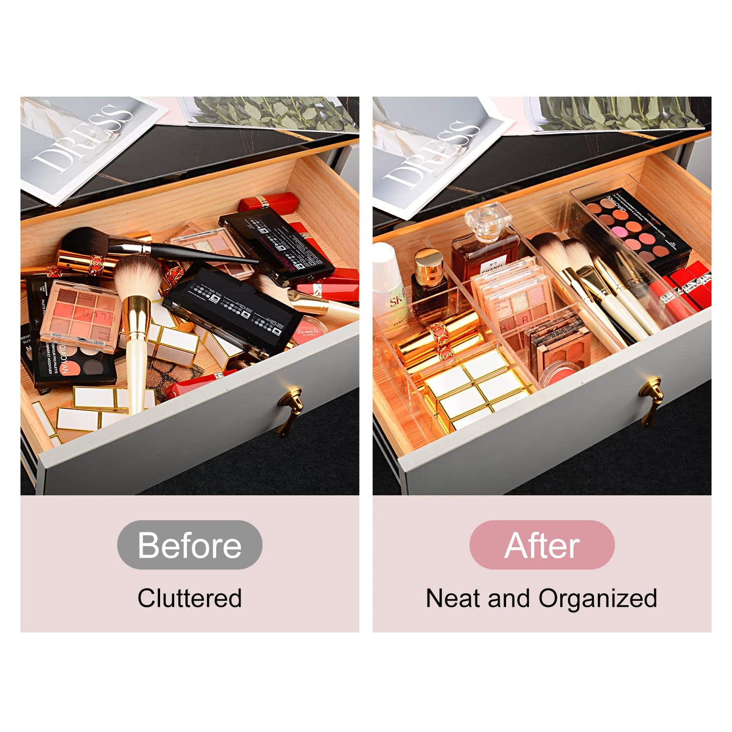 JessLab Acrylic Makeup Organizer, 3 Pack Stackable Cube Sections for Drawer, Vanity, Countertop, Bathroom, Kitchen and Cabinet Storage, 3 Compartment