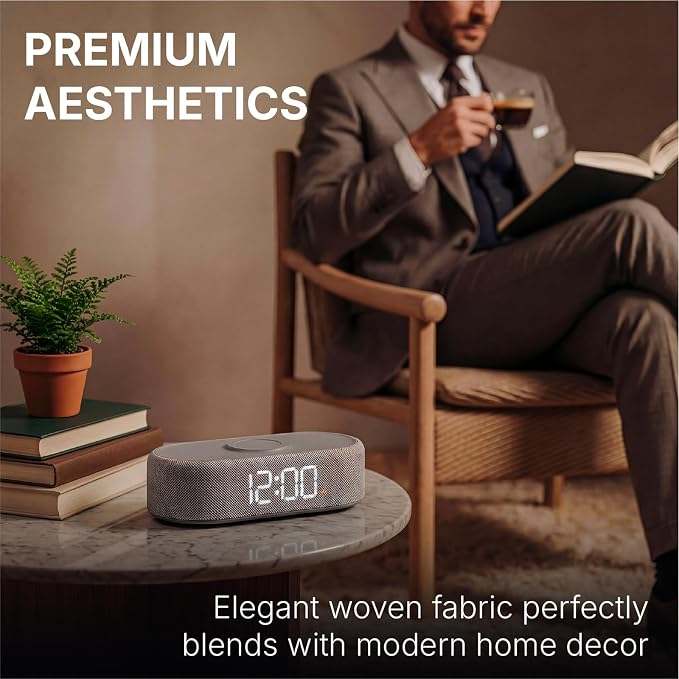 Fabric Digital Alarm Clock for Bedroom, Wireless Charging, Grey