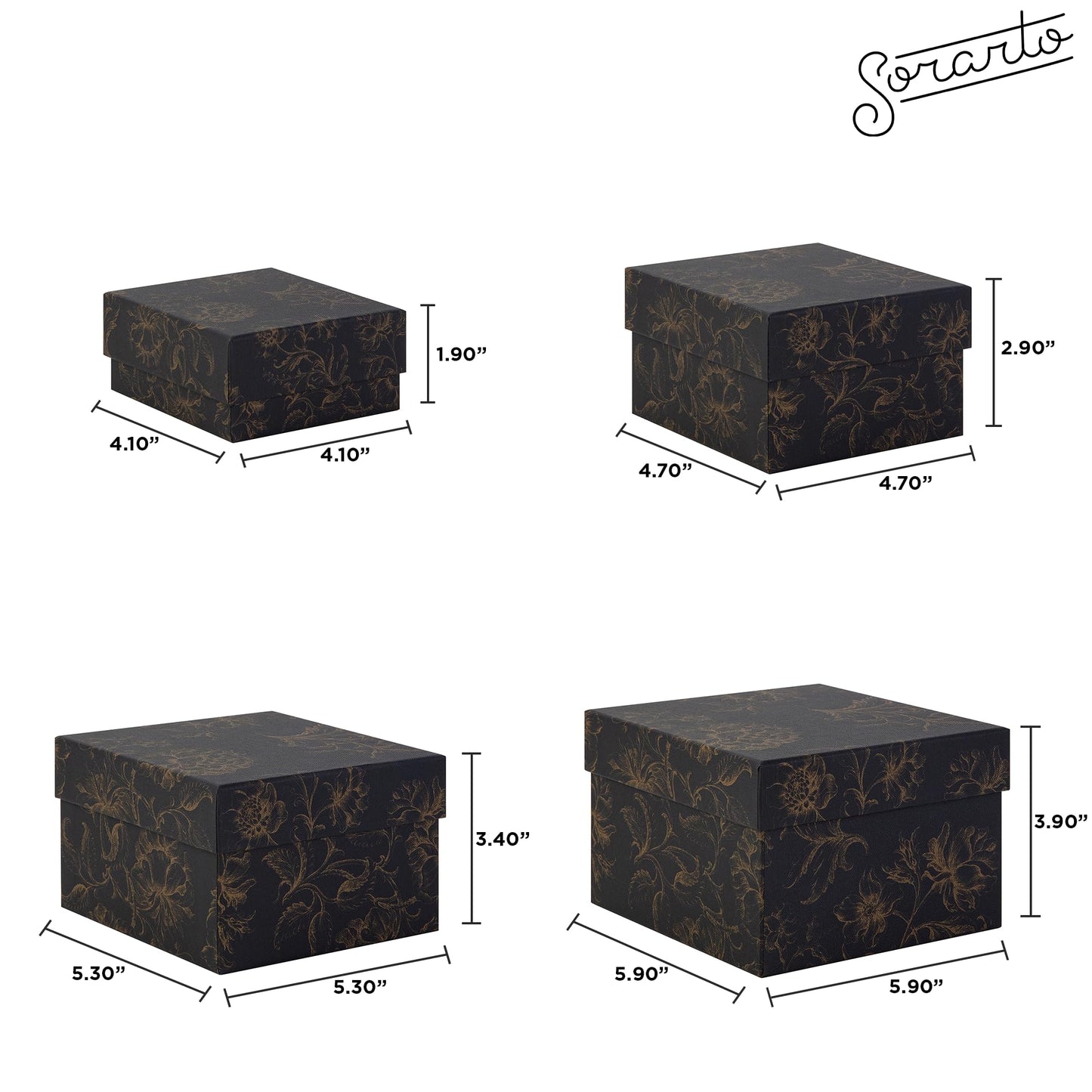 Sorarto Square Gift Boxes with Lids 4pc Set | Black Gold Floral Nesting Gift Boxes for Presents Birthday Wedding Bridesmaid Christmas