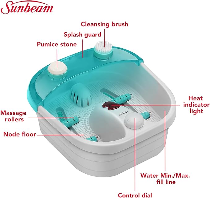 Sunbeam Deep Reservoir Aqua Therapy Foot Spa Foot Bath with Heat, Bubbles, Massage Rollers with Exfoliating Brush and Pumice Stone Pedicure Attachments, Extra Long Basin