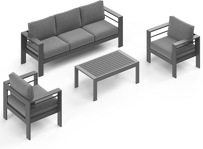 Wisteria Lane 4-Piece Outdoor Patio Furniture Set, Outdoor Sectional Furniture with Upgraded Cushions, Outdoor Conversation Seating Set for Balcony, Garden, Deck, Backyard, Grey