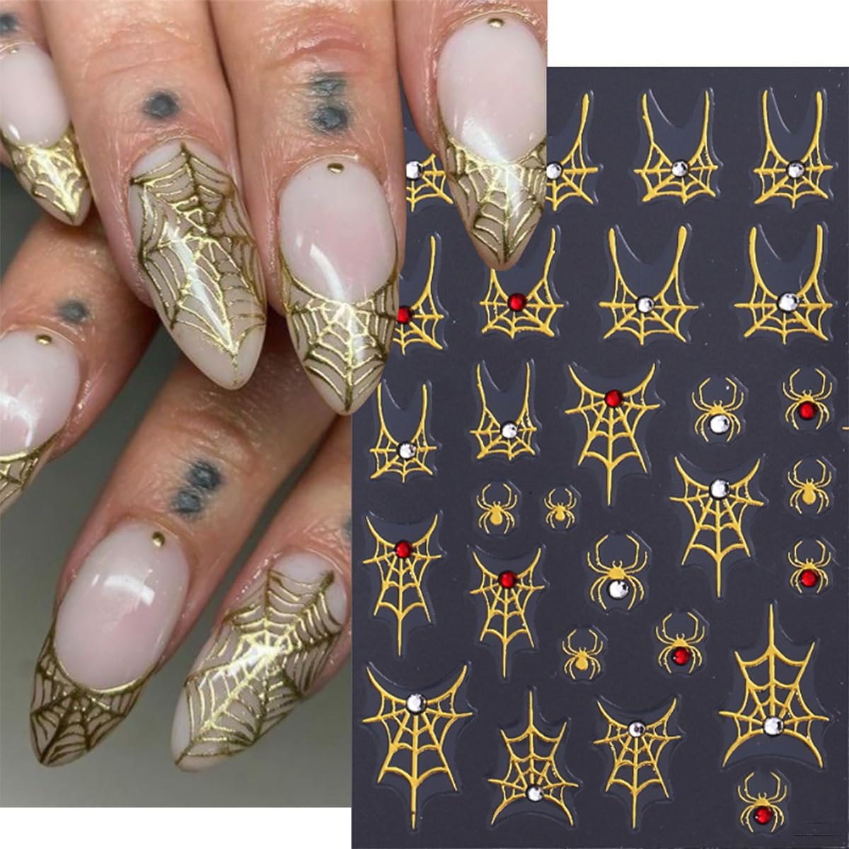 4 Sheets 5D Embossed Halloween Nail Stickers for Nail Art Self-Adhesive Ghost Spider Web Spider Nail Decals Laser Gold Silver Rhinestones Nail Designs Stickers Holiday Nails Supplies for Women DIY