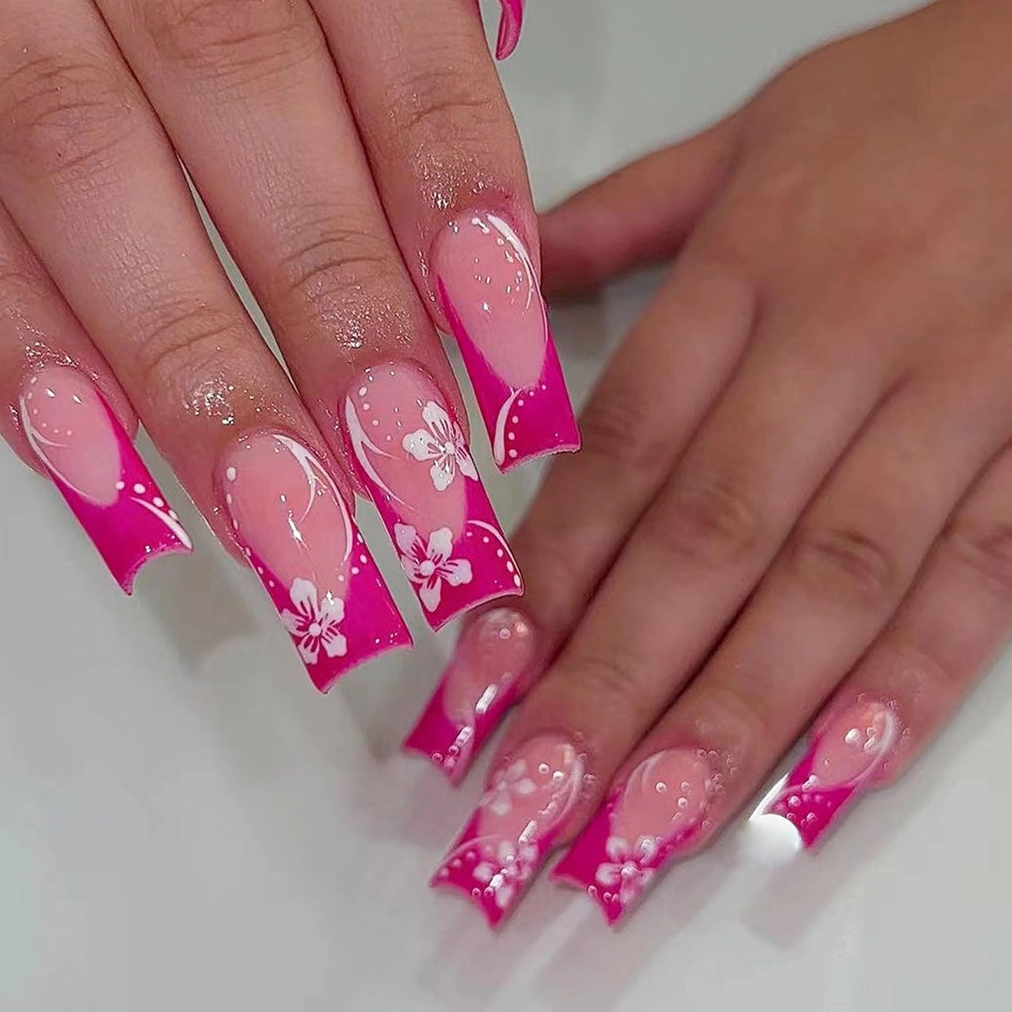 MISUD Press on Nails - Long Square Glue on Nails with Hot Pink, Acrylic Summer Flower Design 24 pcs