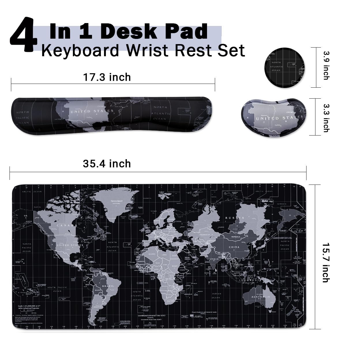 Large Mouse Pad Set, Cute Extended Mouse Pad+Keyboard Wrist Rest Support Desk Pad Memory Foam Ergonomic Easy Typing, 35.4×15.7 in Desk Mat Set for Home Office Study Game - World Map