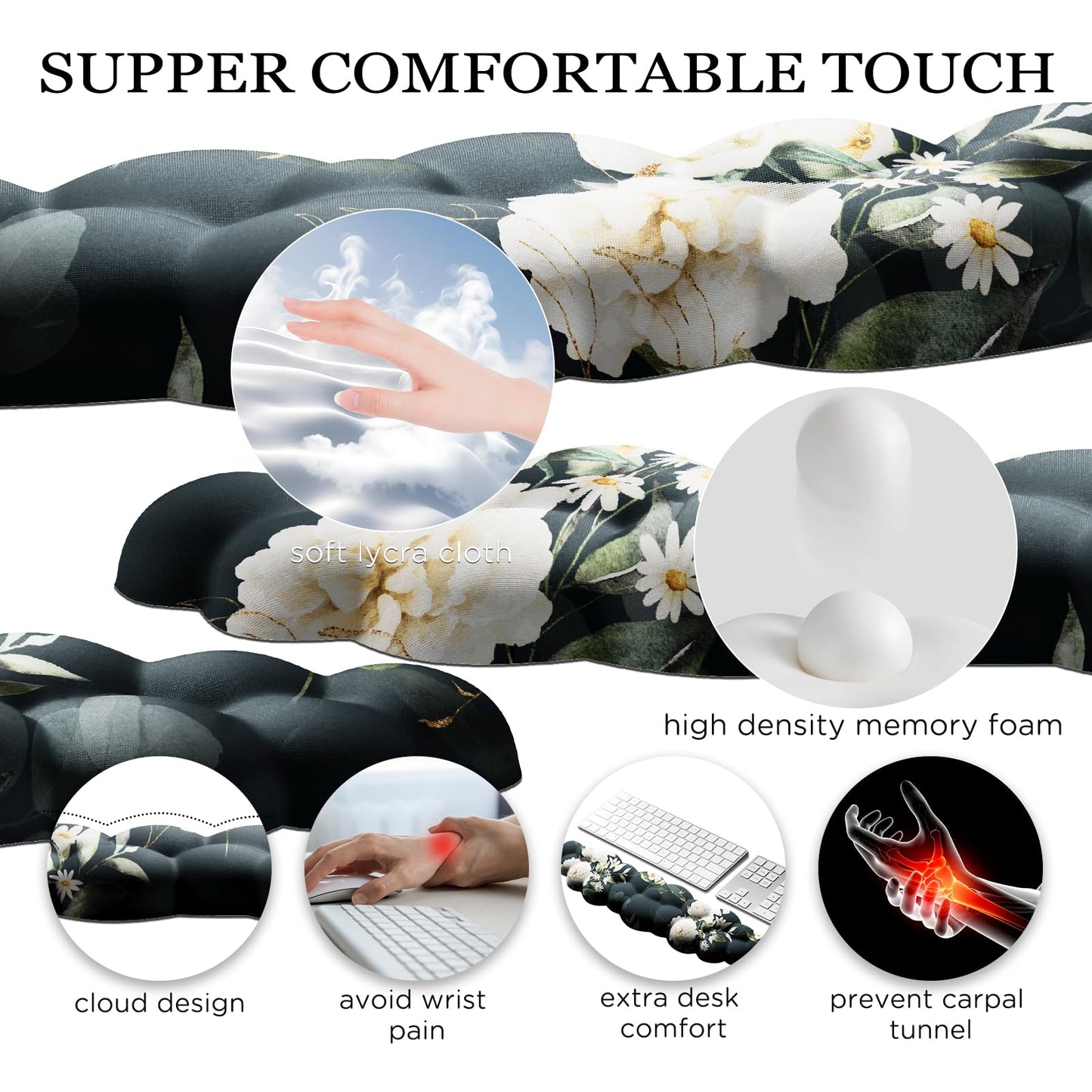 JIKIOU Cloud Wrist Rest Keyboard, Cloud Keyboard Wrist Pad Set with Comfortable Cloth, Cute Arm Rest for Palm Support, PC/Gaming Desk Accessories/Office Setup/Computer Hand Cushion Peony