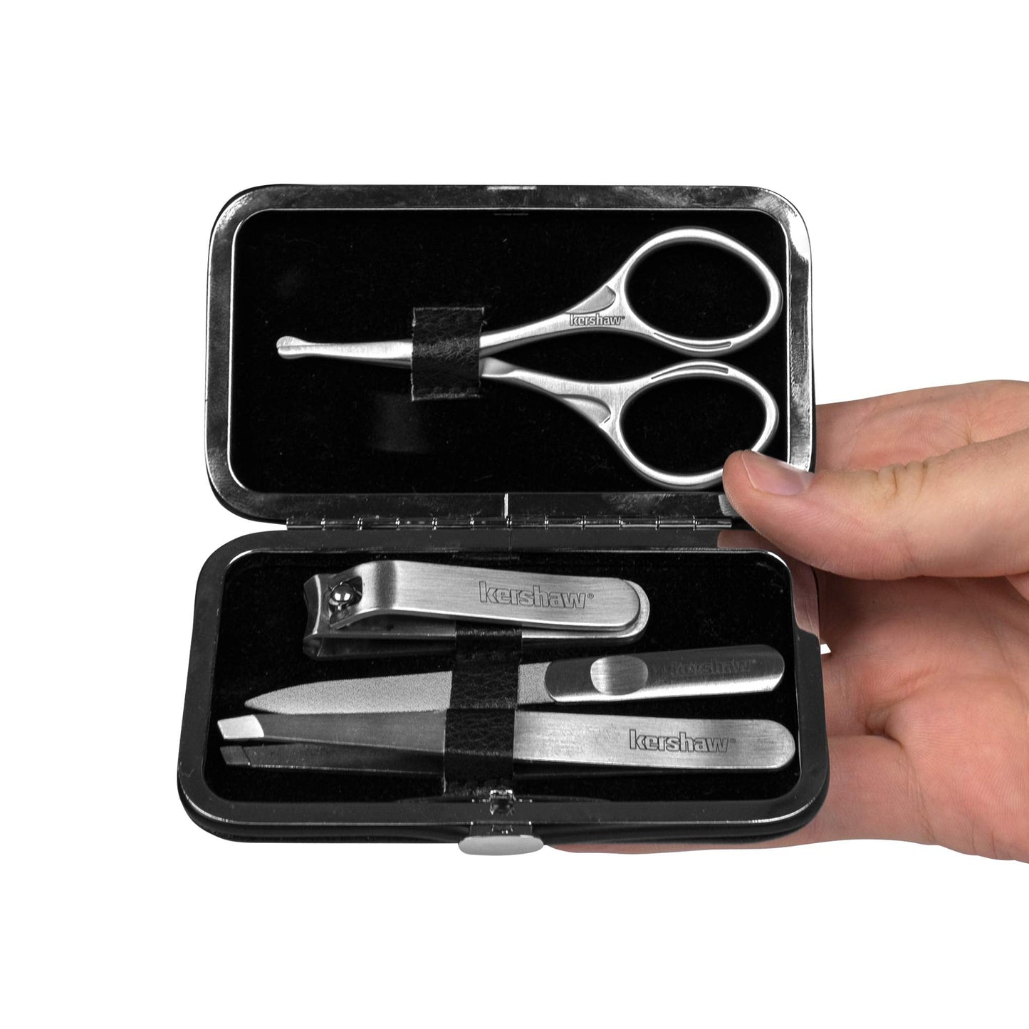 Kershaw Manicure Kit, 4-Piece Stainless Steel Set with Case, Mens Grooming Kits, Includes Fingernail Clipper, Double-Sided Nail File, Beard and Moustache Scissors and Tweezers
