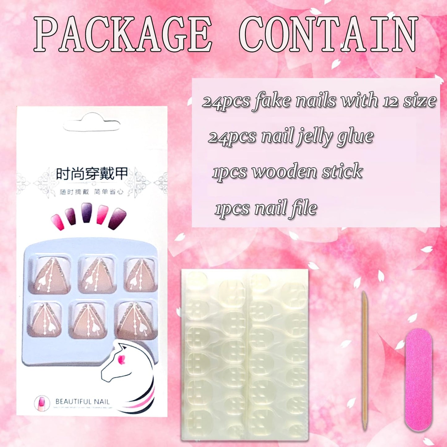 Vezocim Press on Nails with French Tips and Heart Designs, 24Pcs Artificial Nude Fake Nails for Toe, Glossy Full Cover Square Acrylic False Toenails, Press ons Toenails with Charm for Women