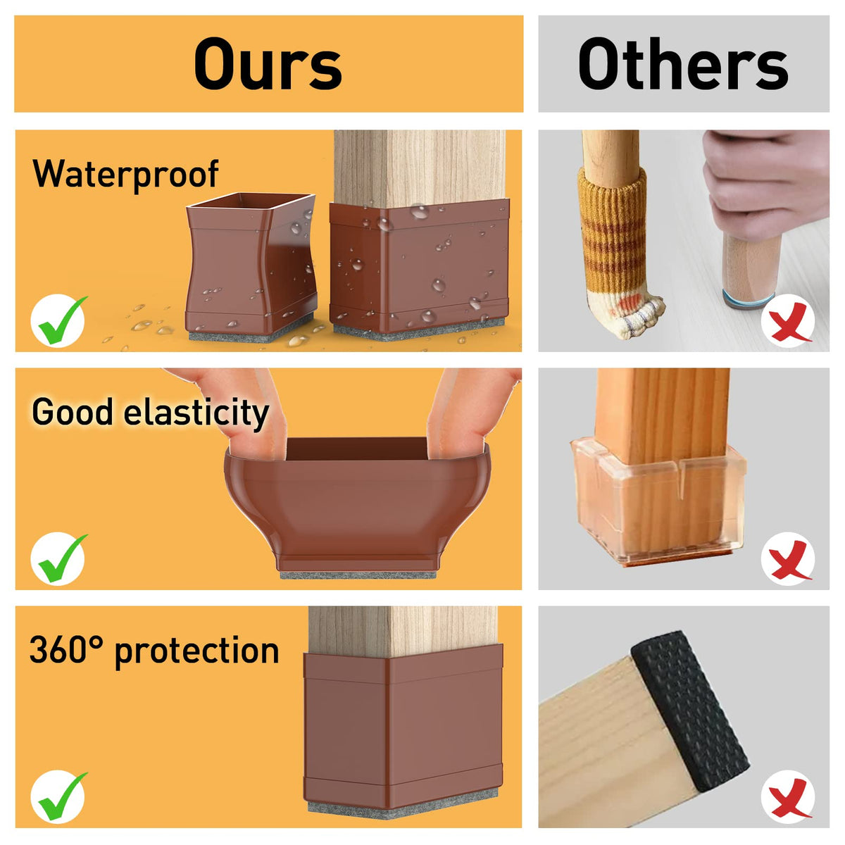 1" x 1.75" Rectangle Chair Leg Floor Protectors for Hardwood Floors Silicone Covers to Protect Wood Tile Floors Felt Pads Furniture Leg Caps Reduce Noise.Easy to Move.16 PCS Brown. (16 Count)