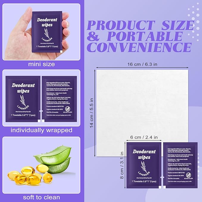 Travel Deodorant Wipes Individually Wrapped,Body Wipes to Clean Skin for Women Men（Lavender,pack of 100)