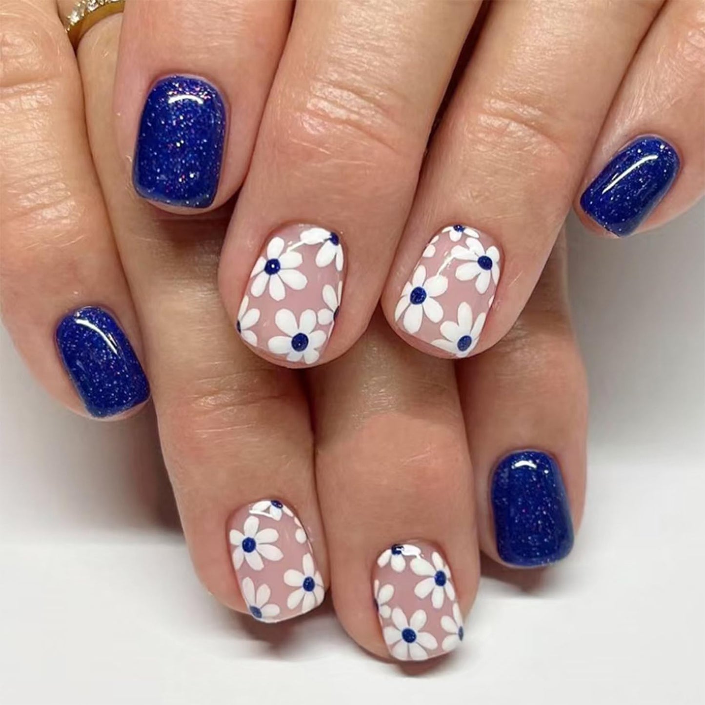 Short Press on Nails Square Fake Nails with navy blue Glitter Designs Cute Flower Nails Press ons Spring Summer False Nails Reusable Full Cover Floral Glue on Nails for Women Spring Nail Art Decor