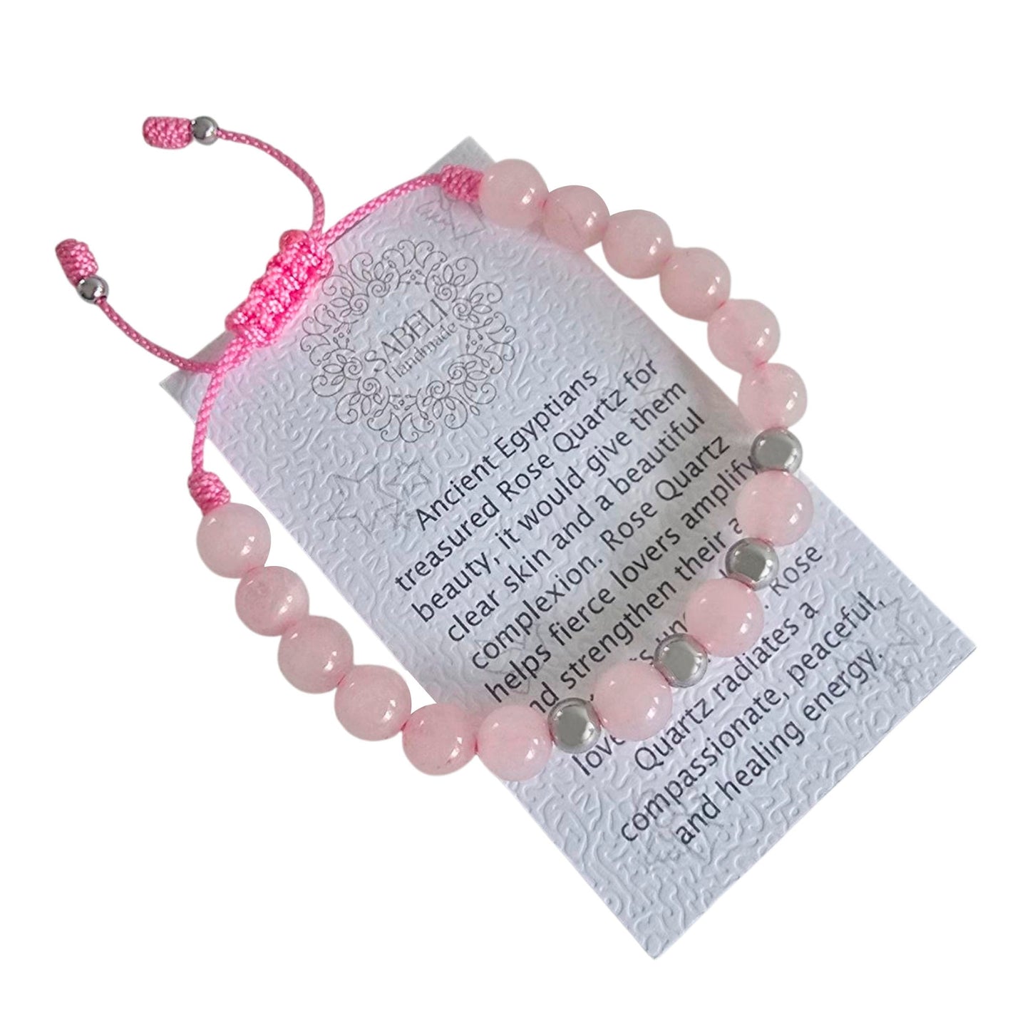 Sabeli Handmade Bracelets Real Natural Stones Healing Protection Focus 8mm Bead Adjustable Macrame Women Men Gemstone Gift (Rose Quartz)