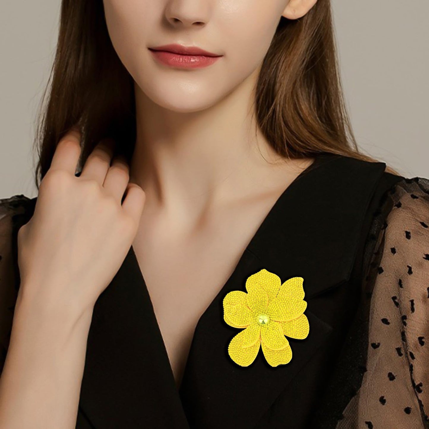 Merdia 3.74 Inches Rhinestone Camellia Flower Brooch Pins & Hair Clips for Women Elegant Created Crystal Lapel Pin Brooches Wedding Party Yellow