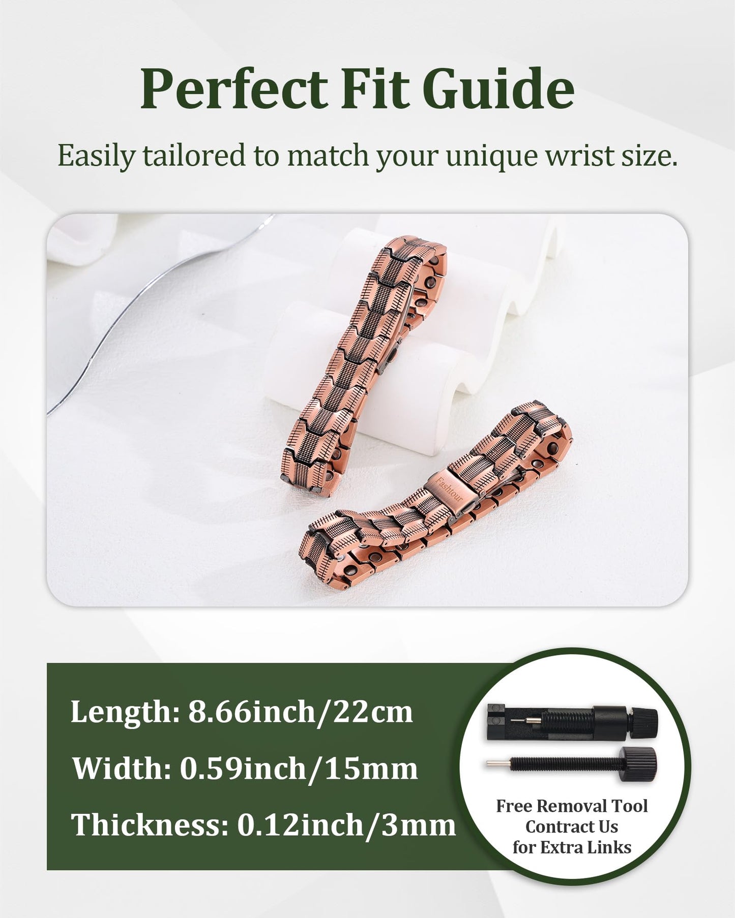 Fashtour Copper Bracelet for Men, 2X Strength 99.99% Pure Copper Magnetic Bracelet with Magnets, Butterfly Clasp Design, Adjustable Length with Sizing Tool (Copper)