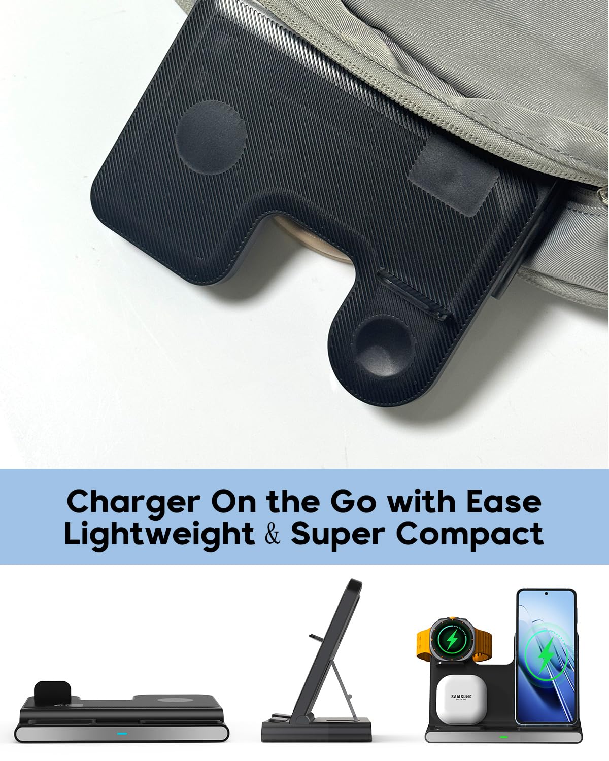 3 in 1 Wireless Charger Fast Charging Stand for Samsung, 15W Foldable Phone Charger Stand Android Charging Station for Samsung Galaxy S25/S24/S23 Ultra,Z Flip 6/Flip 7,Z Fold 6/Fold 7,iPhone 17/16/15