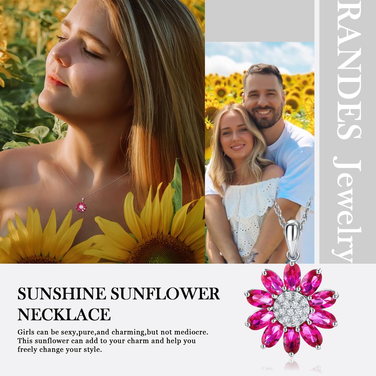 RANDES July Birthstone Necklace Ruby Sunflower Necklaces for Women 925 Sterling Silver Dainty Red Stone Pendant Necklace