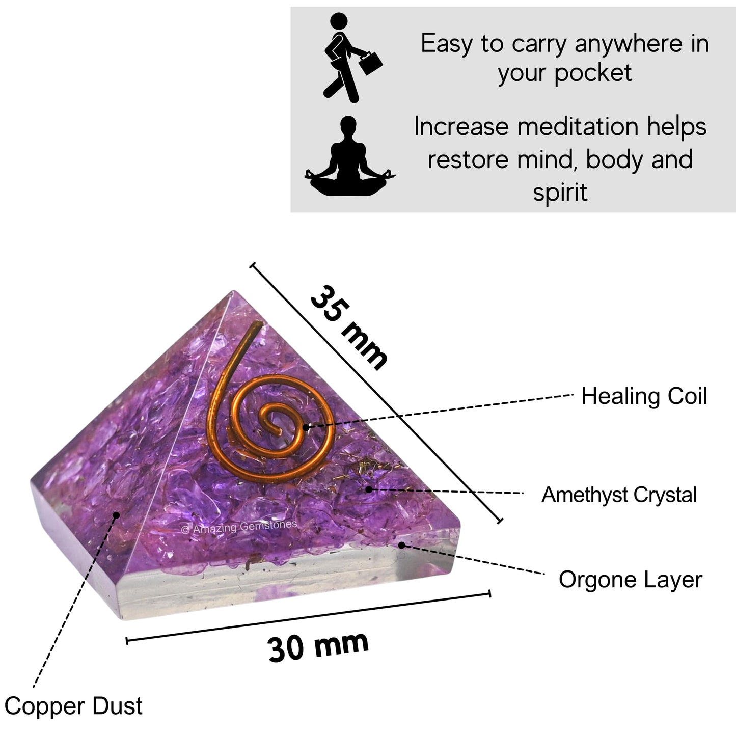 Amazing Gemstone Amethyst Onyx Orgone Pyramid - 30mm Small Orgonite Pyramids with Crystals and Healing Stones - Authentic Organite Gifts