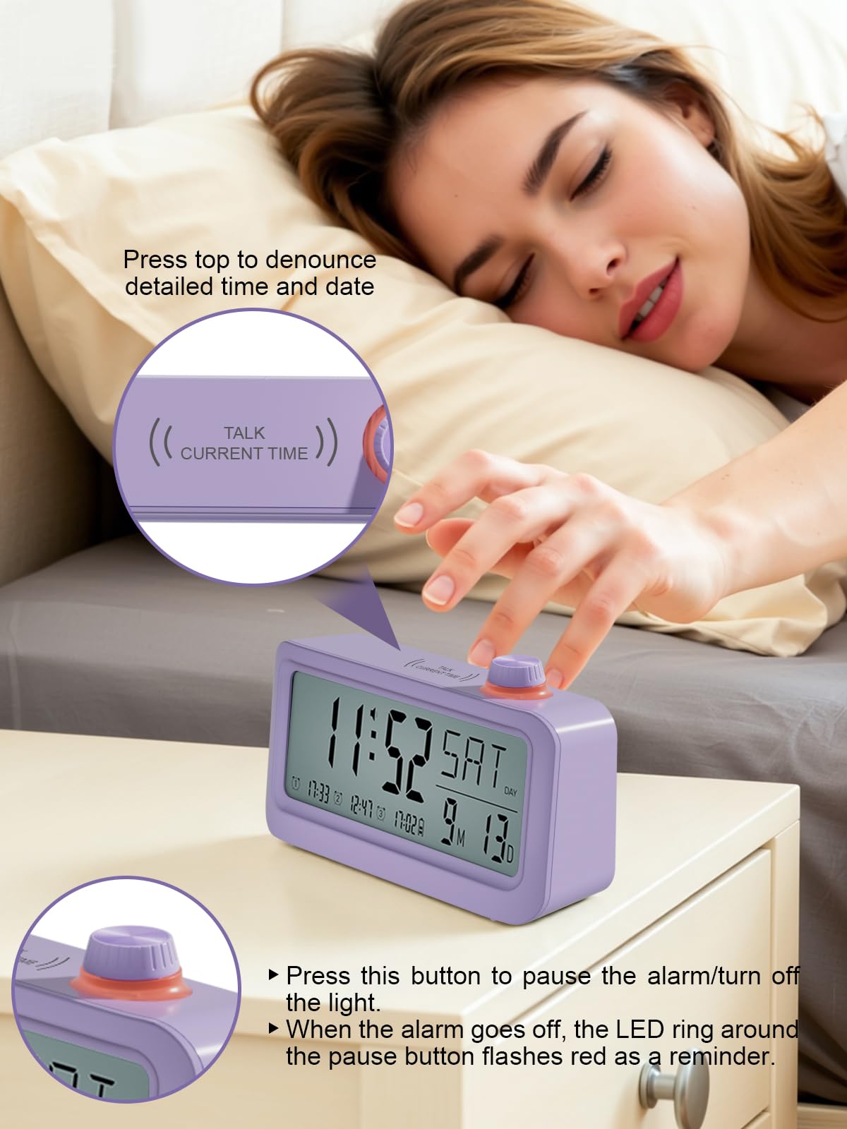 Bovintex Medication Pill Reminder, Rechargeable Talking Alarm Clock with 3 Custom Voice Recording Alarms, Touch-to-Talk, a Digital Alarm Clocks Gift for Mom/Dad/Seniors/Elderly(Pruple)