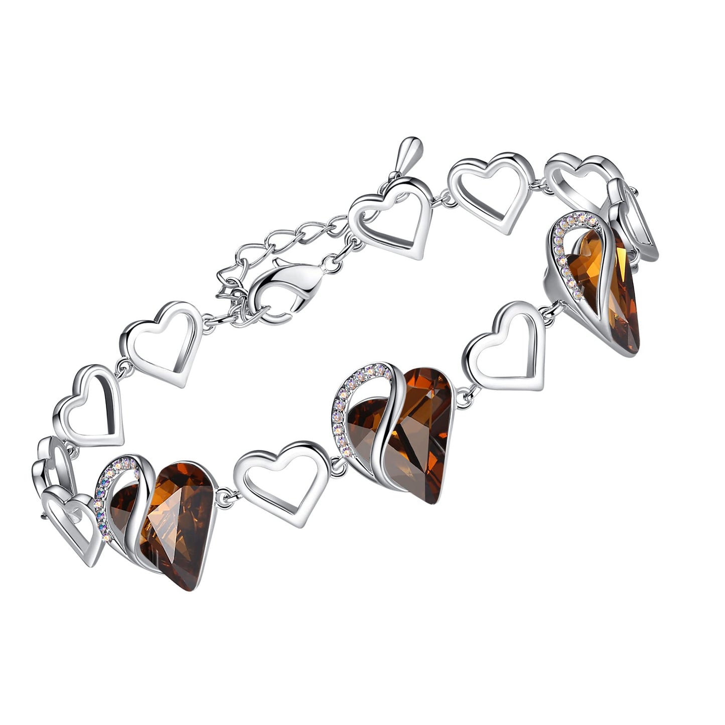 Leafael Infinity Love Heart Gift Bracelet for Women, Birthstone Crystal, Healing Stone for Stress Relief, Dark Topaz Brown, Silver Tone, 7-inch Chain and 2-inch Extender