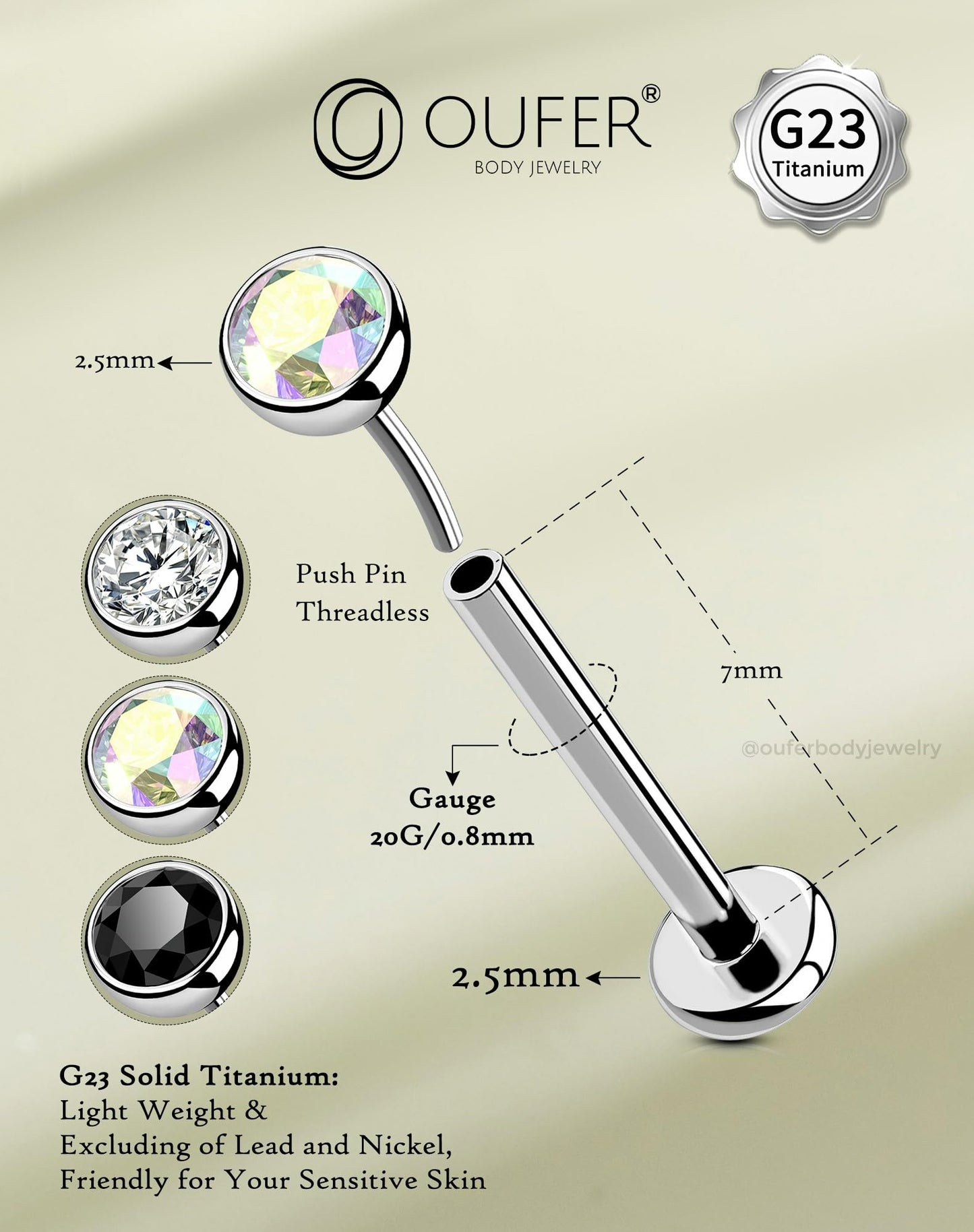 OUFER 2Pcs AB Nose Studs, 20G G23 Solid Titanium Threadless Nose Studs 2.5MM Flat Back Tiny CZ 2.5MM Nose Nostril Piercing Jewelry-7MM