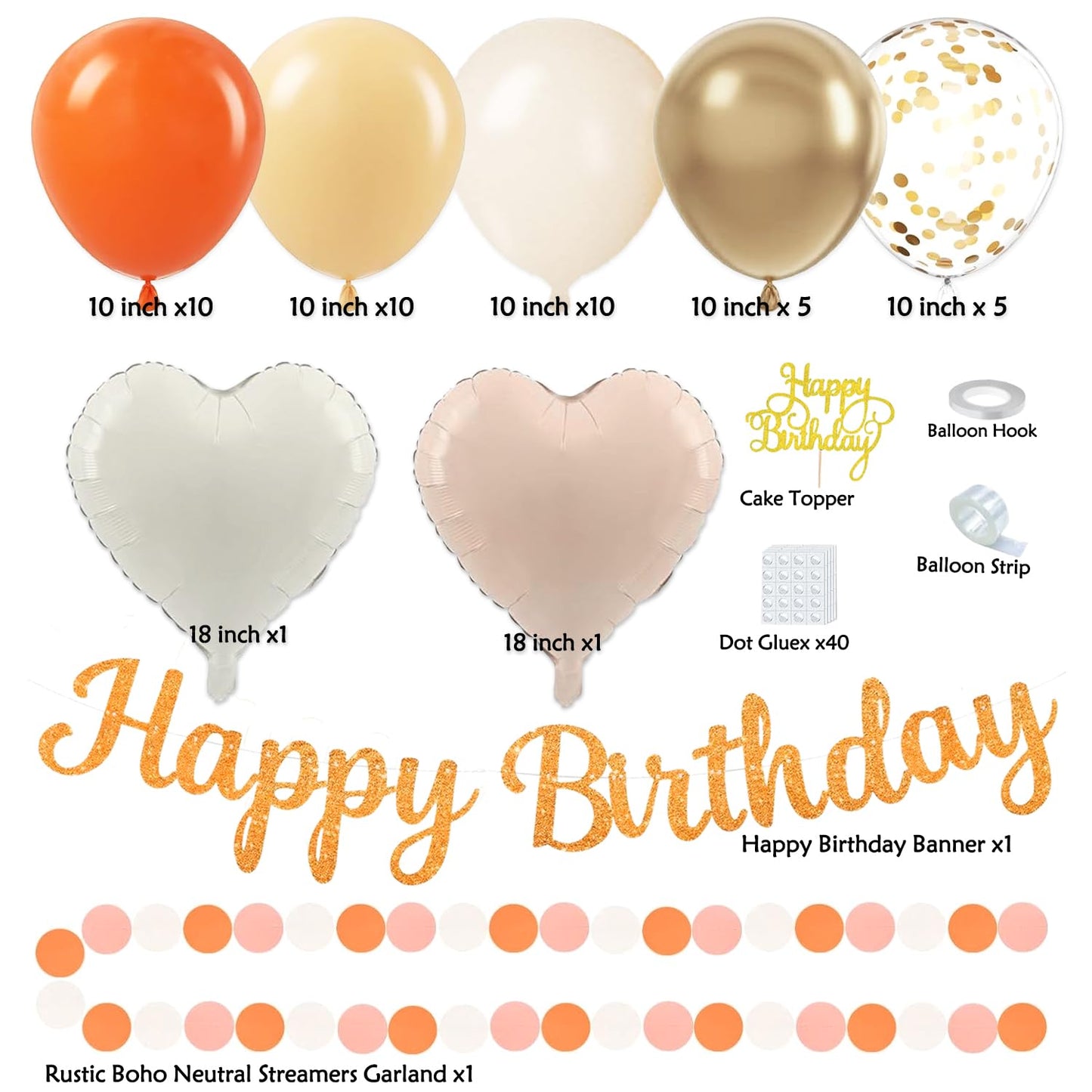 Orange-Peach Fall Boho Birthday Party Decorations - 62pcs Happy Birthday Banner, Beige Rustic Paper Lanterns, Streamers, Tissue Pom Poms, Burnt Orange Apricot Party Balloons, Fall Backdrop Decor