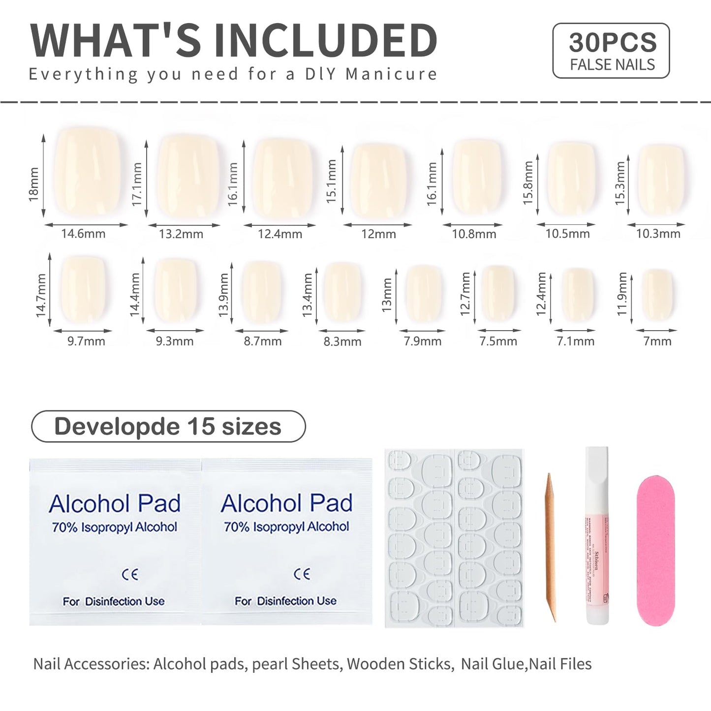 Stbisen Ivory Press On Nails Short Square, Glossy Acrylic Off White Fake Nails, Thick Reusable Glue On Nails, Perfect for Daily Wear, Offering a Refined Touch, 15 Sizes - 30Pcs