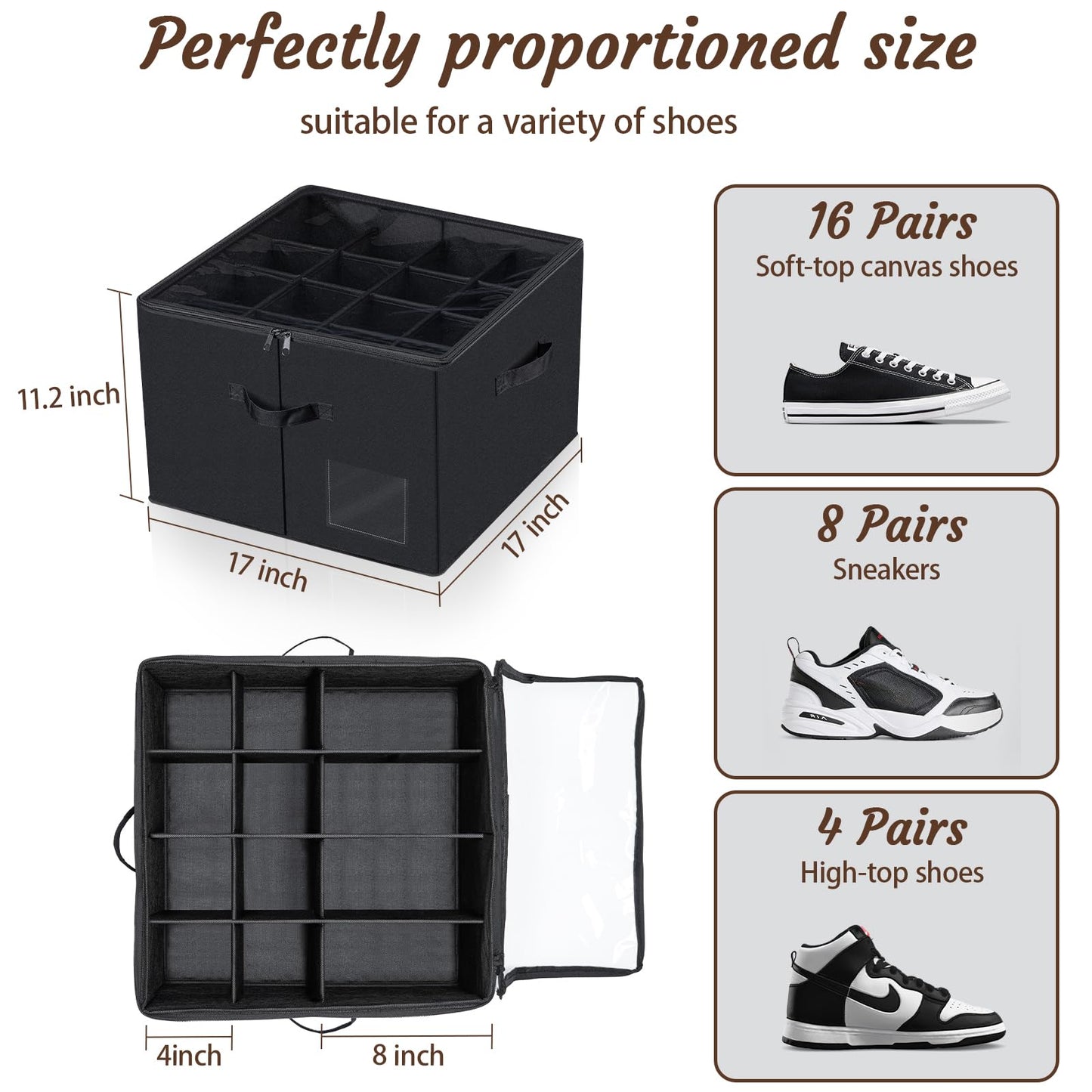 PAKISOU Shoe Storage Organizer, Fits 16 Pairs, Closet Shoe Box with Adjustable Dividers & Transparent Lid, Foldable Fabric Shoe Container with Handles for Space-Saving Shoe Storage (Black)