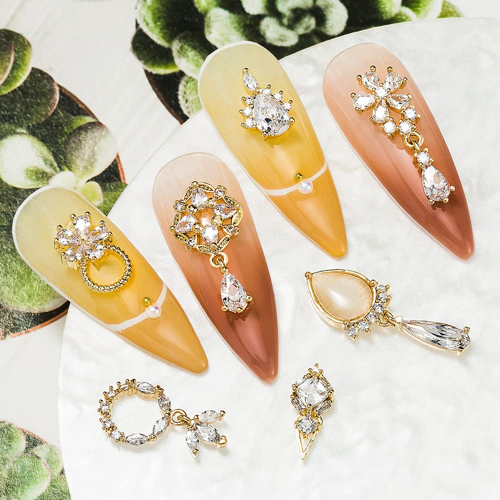 HNUIX Nail Charms and Gems - Gold Copper Zircon, Multiple Shapes, Metal Jewelry Rhinestones Charms, 24Piece