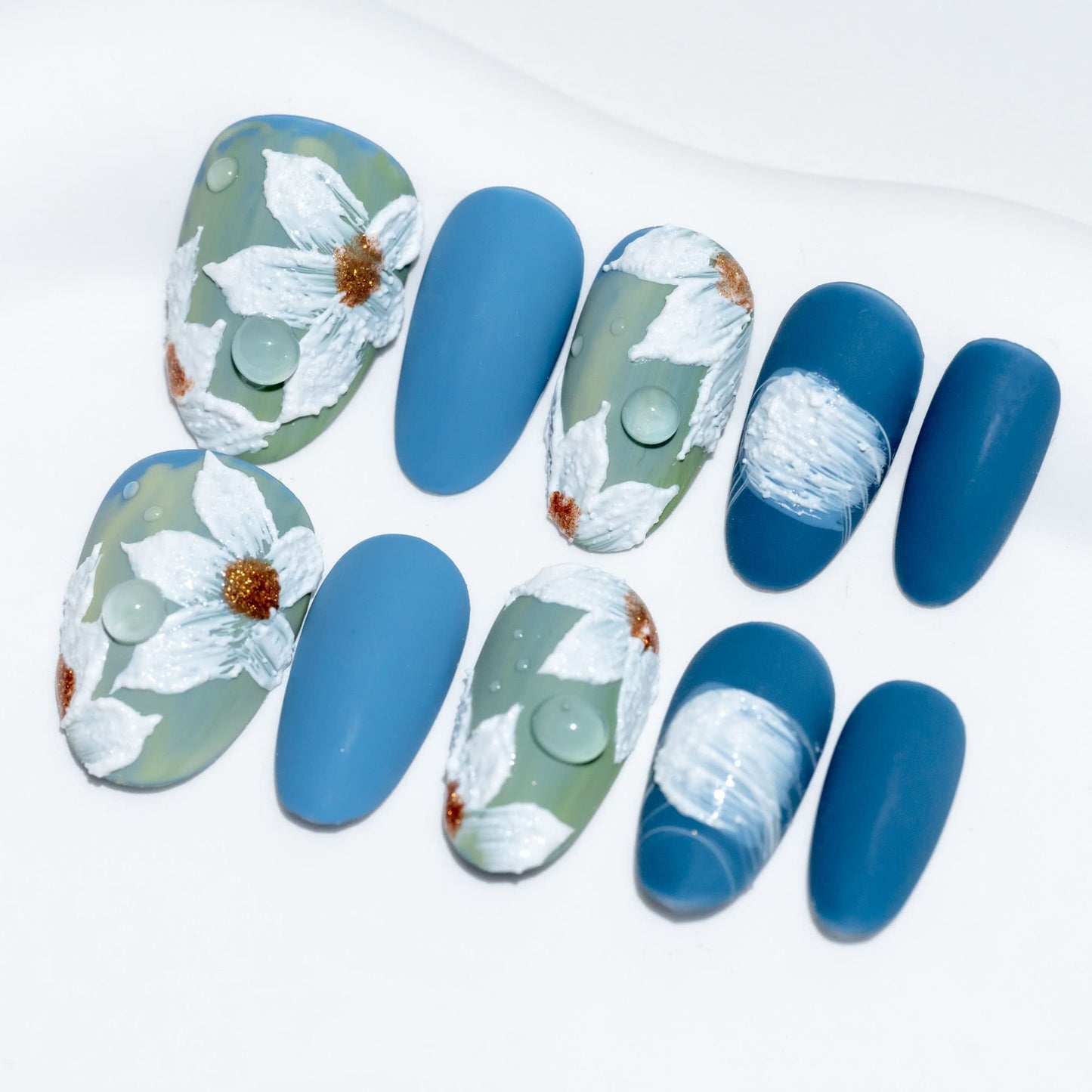 Sun&Beam Nails Handmade Medium Long Almond Blue White False Nail Tips with Cute Flower Popular Charm Design Press On Nails 10 Pcs (#60 M)