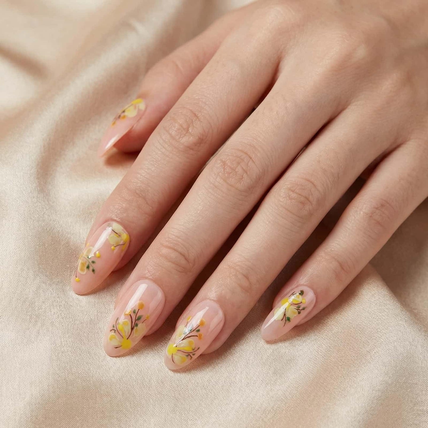 French Press on Nails 24 Pcs Fake Nails Short Almond with Yellow Flower Designs Glue on Nails Full Cover Acrylic Nails Reusable Stick on Nails Glossy Artificial Nails for Women