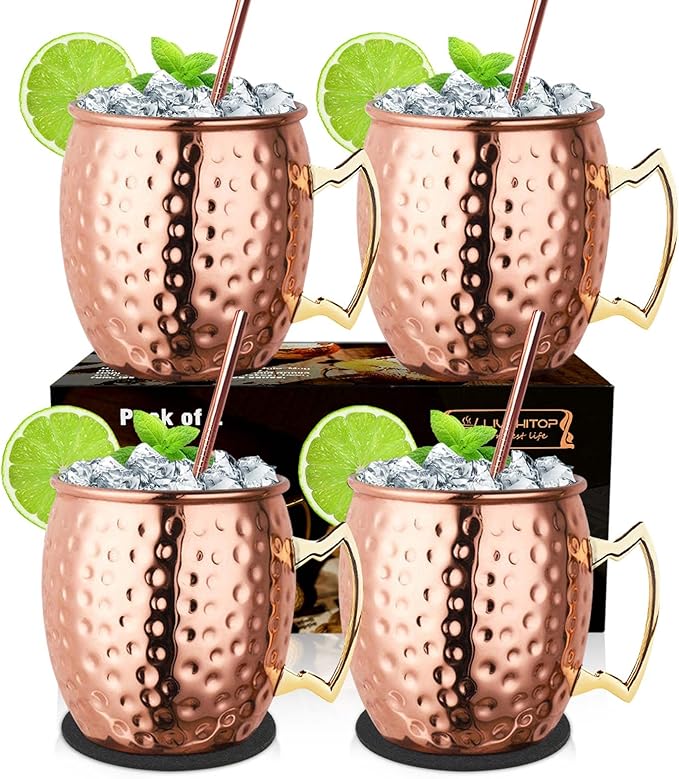 LIVEHITOP Moscow Mule Mugs Set of 4, Handcrafted Copper Cocktail Cups Kit 19.5 oz with Coasters for Cold Drink, Wine, Bar, Party, Hotel, Gift