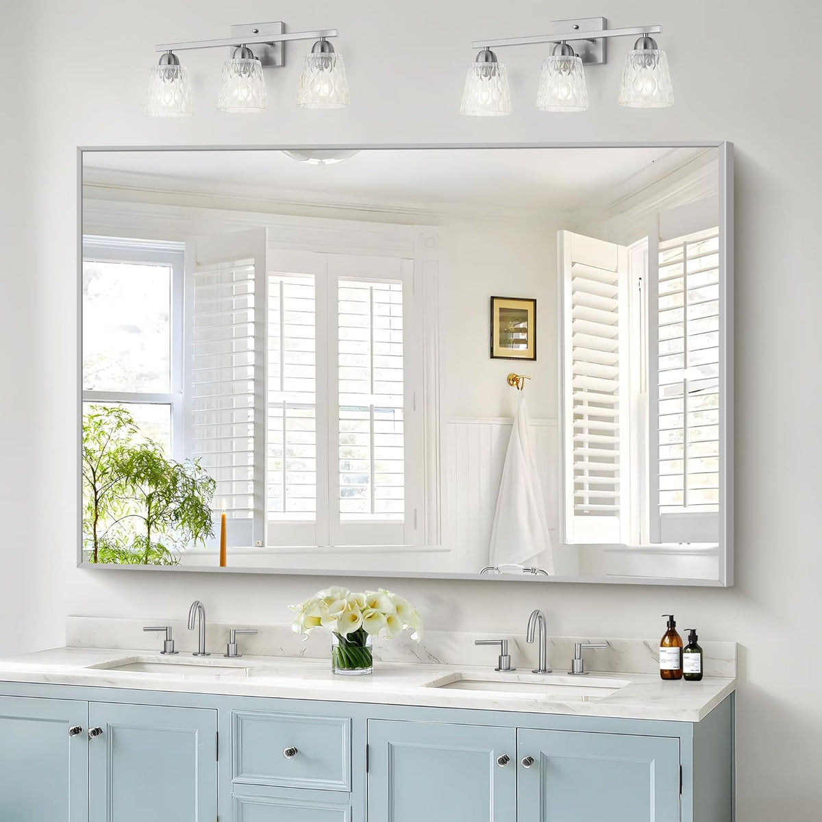 40x60inch Silver Bathroom Mirror, Silver Rectangle Mirror with Frame, Large Rectangular Wall Mirrors for Bathroom, Living Room, Hair Salon, Big Farmhouse Mirror Hang Horizontal/Vertical
