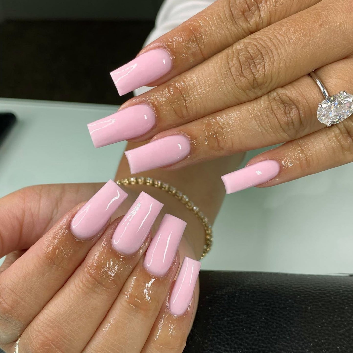 Pink Press On Nails Medium Long Square, Xcreando Medium Coffin Nails Acrylic Press ons Glue on Nails, Solid Color Fake Nail for Women, Natural Thick Artificial Stick on