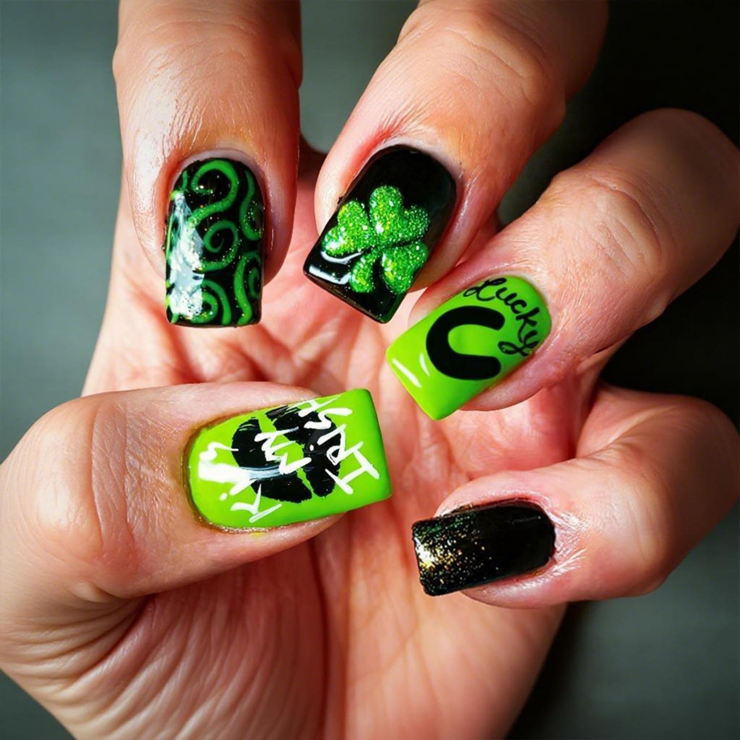 Square Press on Nails Medium Fake Nails Green Black Acrylic Nail Press ons SEENEEY Cute Stick on Nail for Women 24pcs