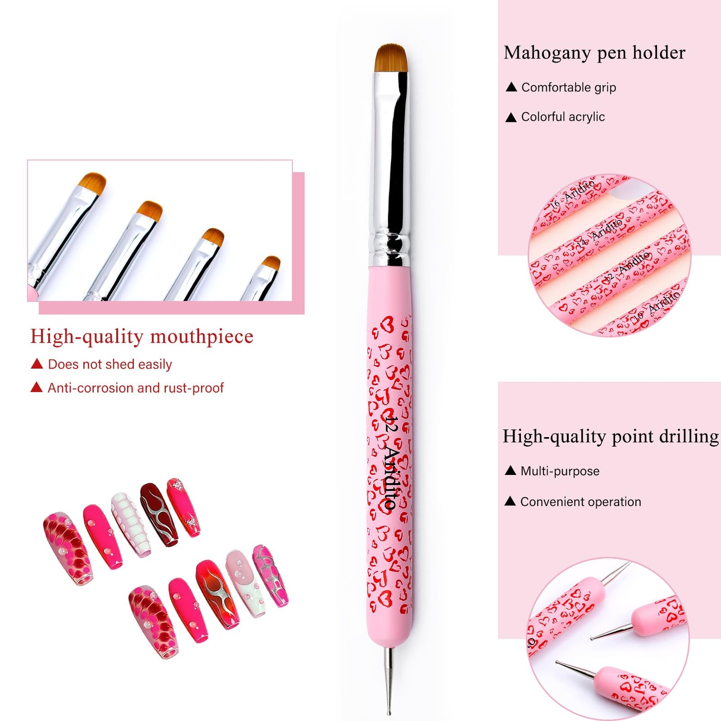 Aridito 4Pcs Professional Acrylic French Manicure Clean-Up Brushes & Dotting Pens - Pink Heart Handles, Precision Tips (#10#12#14#16) for Nail Art, Cuticle Care (pink)