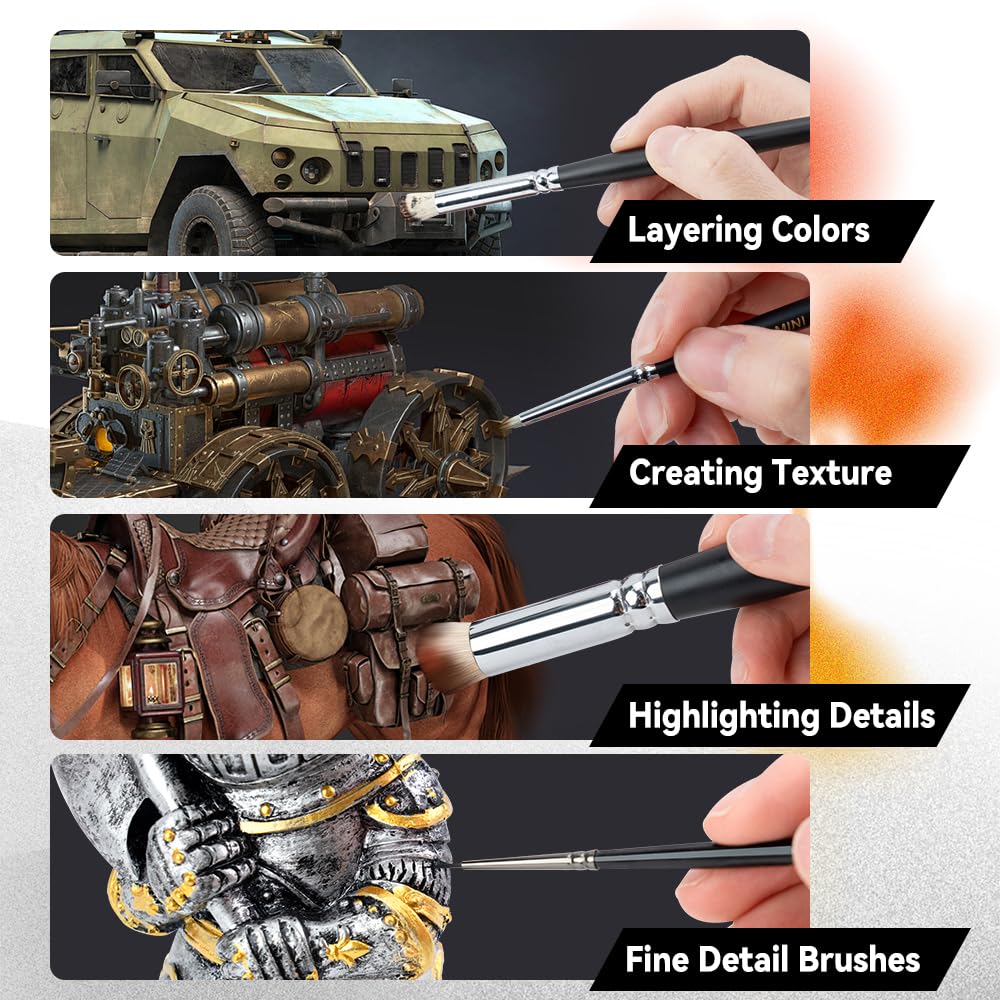 Transon 8pcs Miniature Painting Dry Brush Set with 5 Drybrushes and 3 Small Detail Brushes for Model Making and Miniature Model Painting