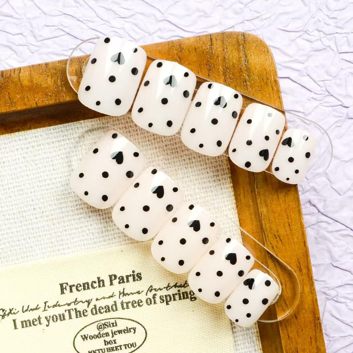 Square Press on Nails Short Fake Nails with Black Heart Spot Design Full Cover Glossy Stick on False Nails for Women 24 Pcs