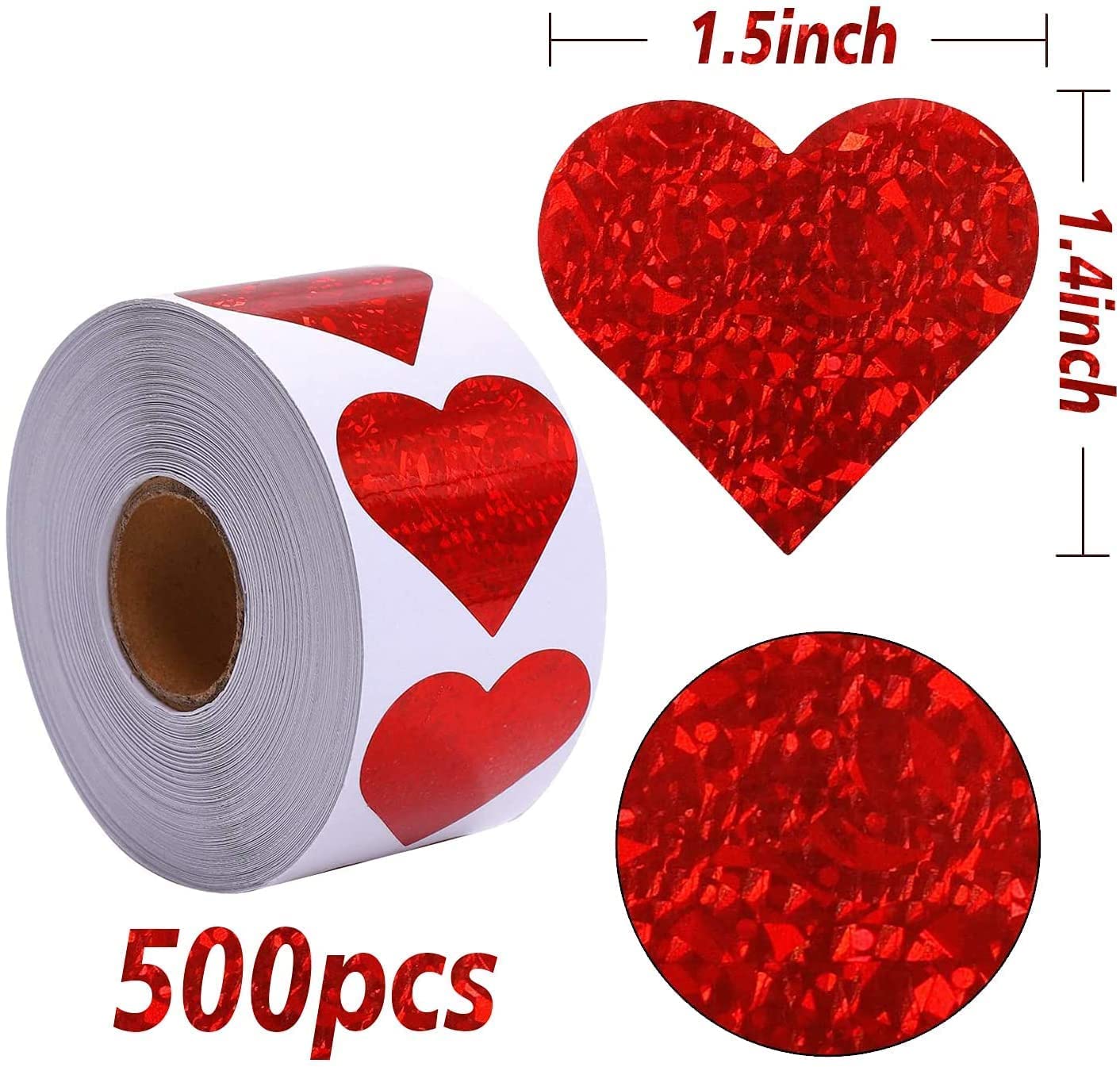 1.5" Glitter Red Heart Stickers and 1.5" Glitter Green Heart Stickers, 2 Roll 1000 Piece