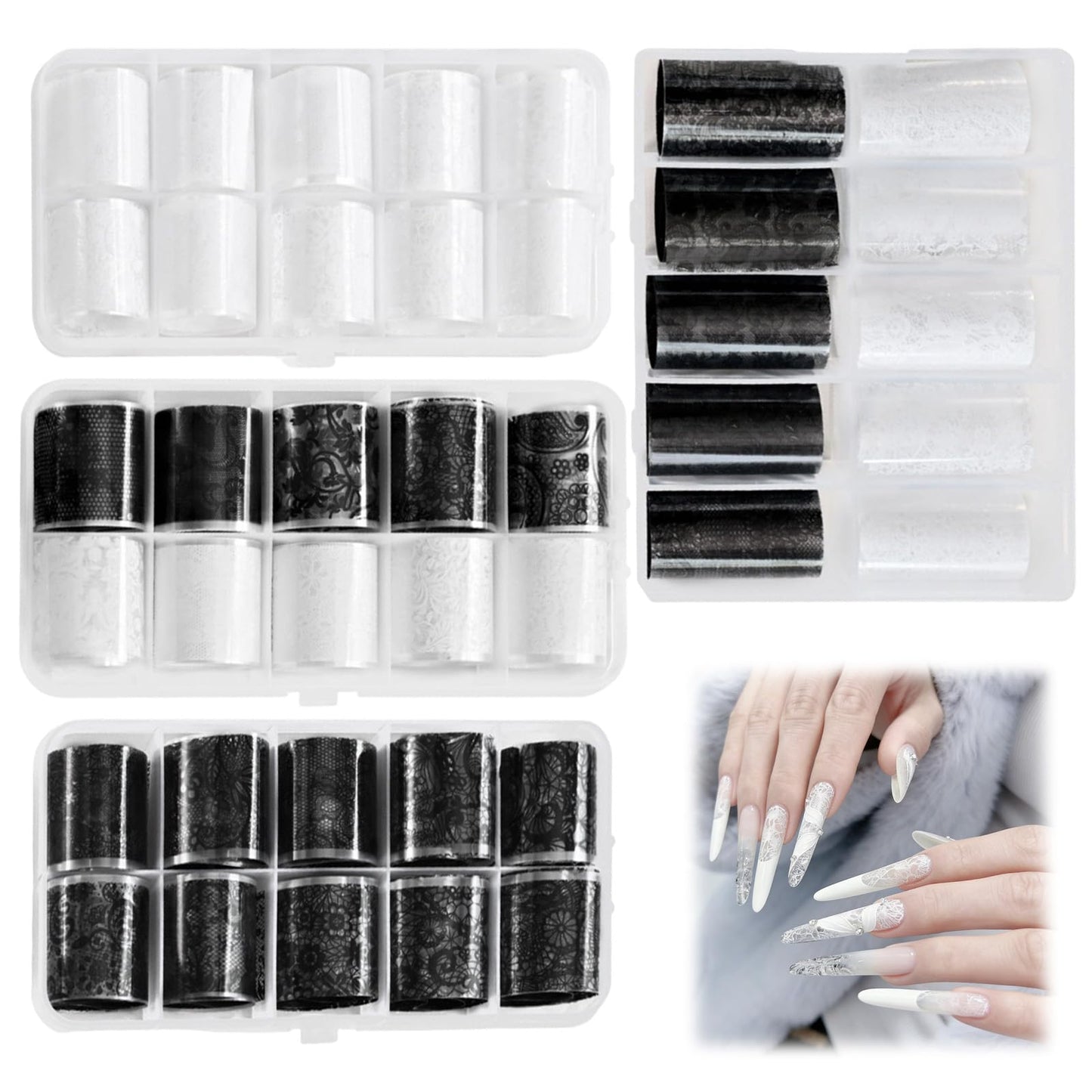 Aiuulu 40 Rolls Lace Nail Foil, Holographic Lace Transfer Foil Sheets for DIY Nails Art, 4 Boxes Black & White Transfer Stickers Flower Decals