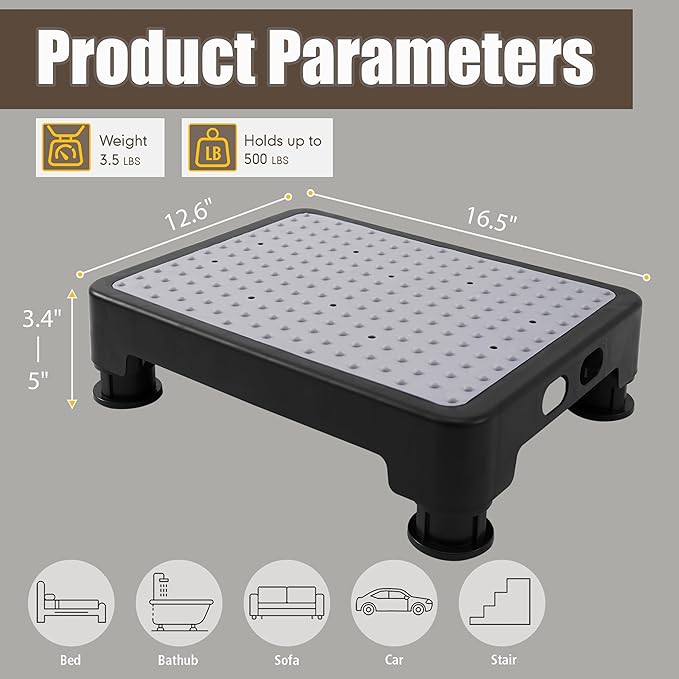 CHIKILLA Adjustable Step Stool for Adults Kids and Senior, Non-Slip Step Platform Indoor and Outdoor for Pregnant Woman, Portable Stair Assist for Kitchen Car Bedside and Shower, Black-Black, 3.4-5In